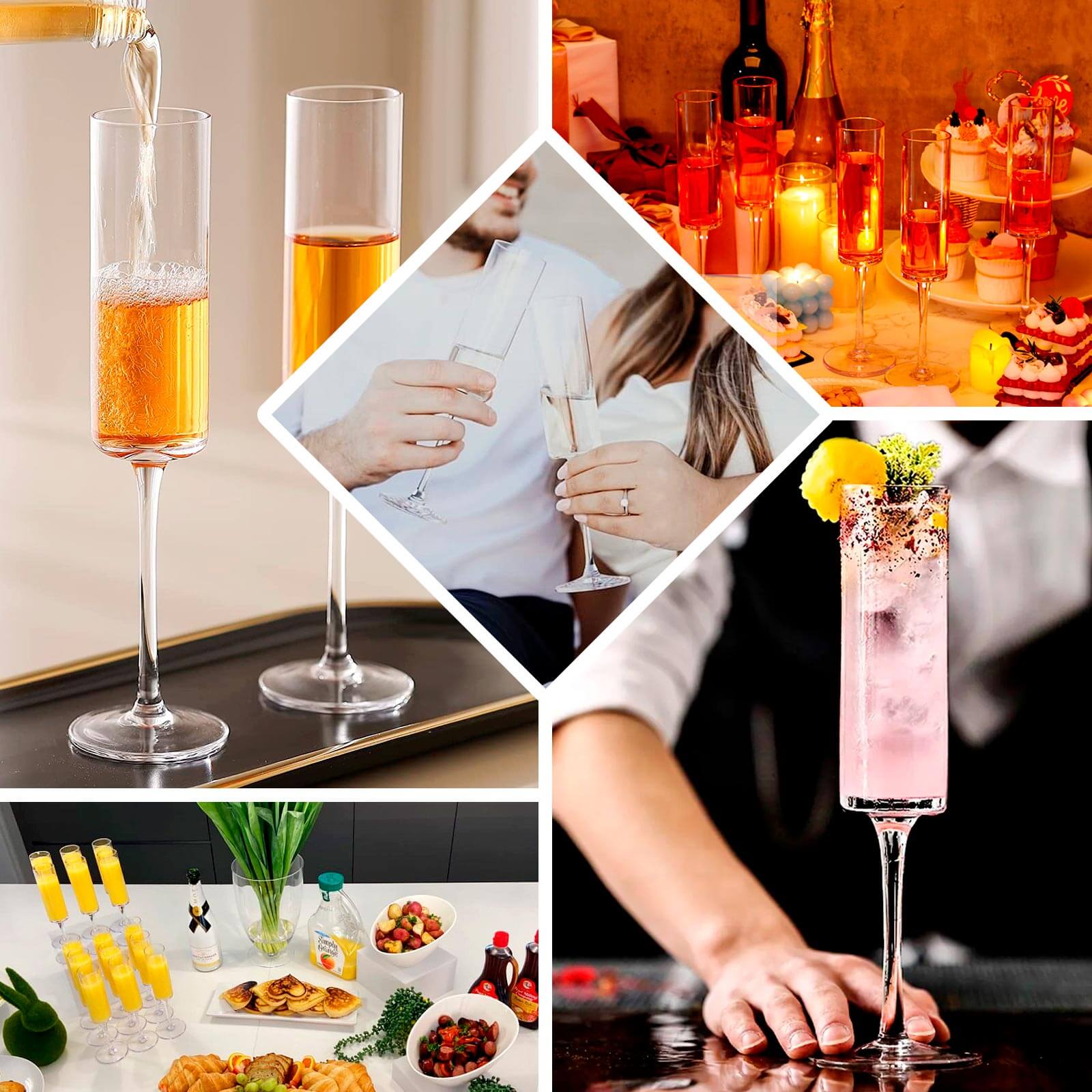 6-Pack Plastic Wine Mimosa Goblets Transparent Blush Cylindrical Shape - Reusable Champagne Flute Glasses 9.5" Tall 6oz