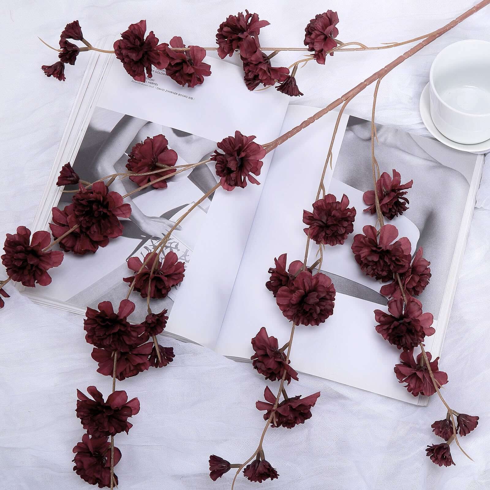 2 Branches 42" Tall Burgundy Artificial Silk Carnation Flower Stems