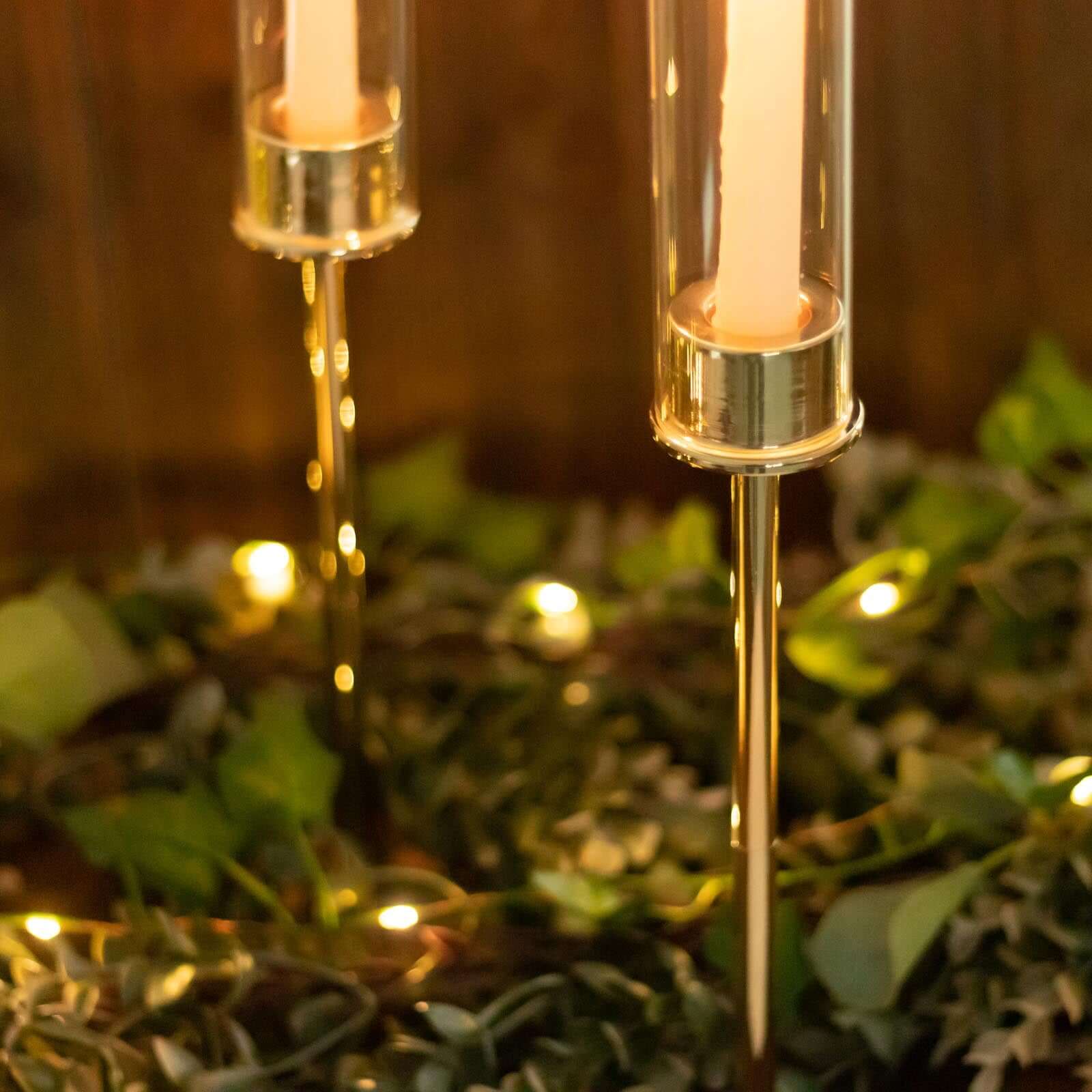 2-Pack Gold Metal Taper Candlestick Holders, Clear Glass Hurricane Candle Stands With Chimney Candle Shades 24"