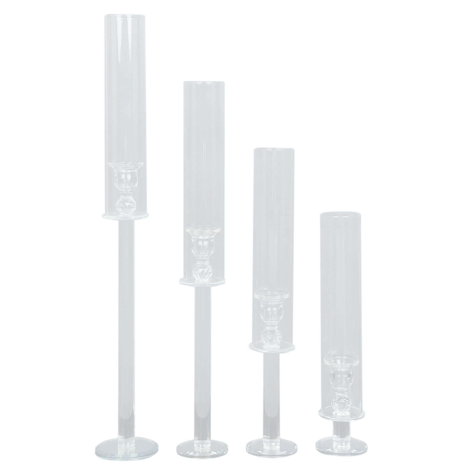 Set of 4 Crystal Glass Hurricane Taper Candle Holders, Decorative Tall Candle Stands Clear Cylinder Chimney Tubes 14", 18", 22", 26"