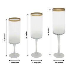 Set of 3 Glass Hurricane Candle Holders Long Stem Clear with Gold Rim - Decorative Pedestal Floral Centerpieces 16", 18", 20"