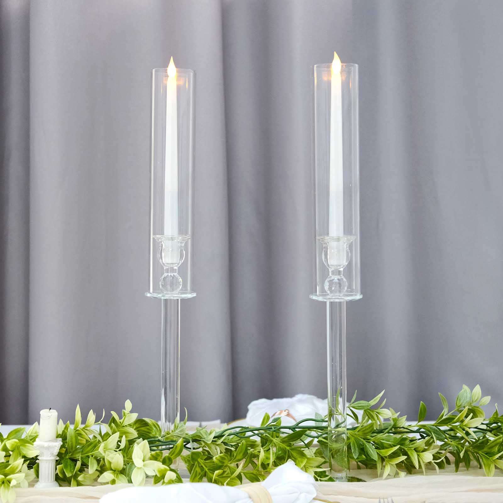 2-Pack Crystal Glass Hurricane Taper Candle Holders, Tall Decorative Candle Stands Clear Cylinder Chimney Tubes 22"