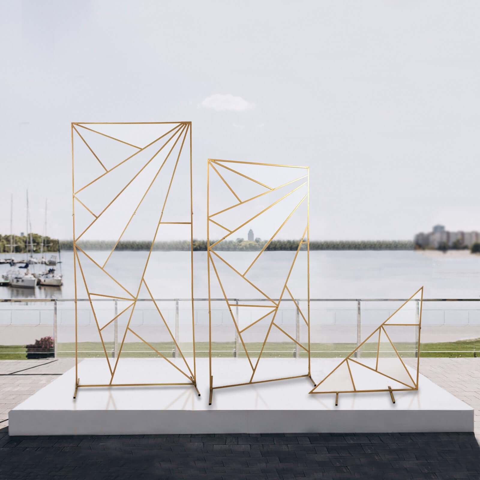 7ft Tall Gold Metal Rectangular Geometric Flower Frame Prop Stand, Wedding Backdrop Floor Stand With Cloudy Film Insert