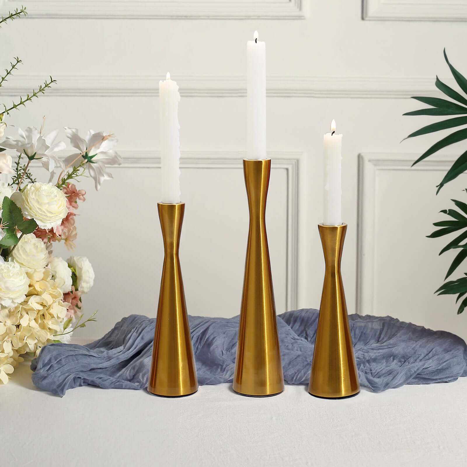 Set of 3 Hourglass Taper Candle Holders Gold Metal Nordic European Design - Tabletop Decor 8", 9", 11"