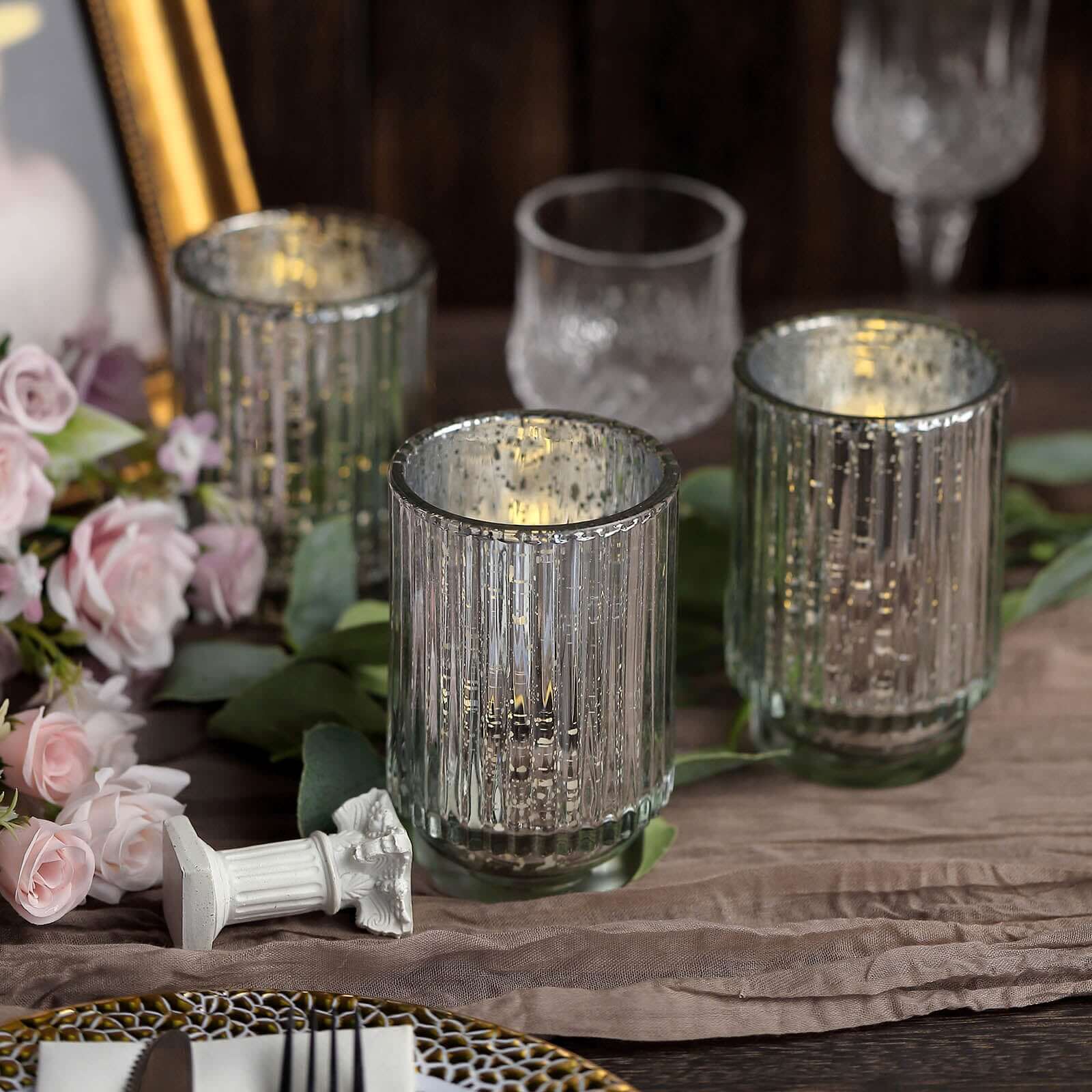 3-Pack Mercury Glass Hurricane Candle Holders Silver Wavy Column Design - Votive Pillar Vase 5"