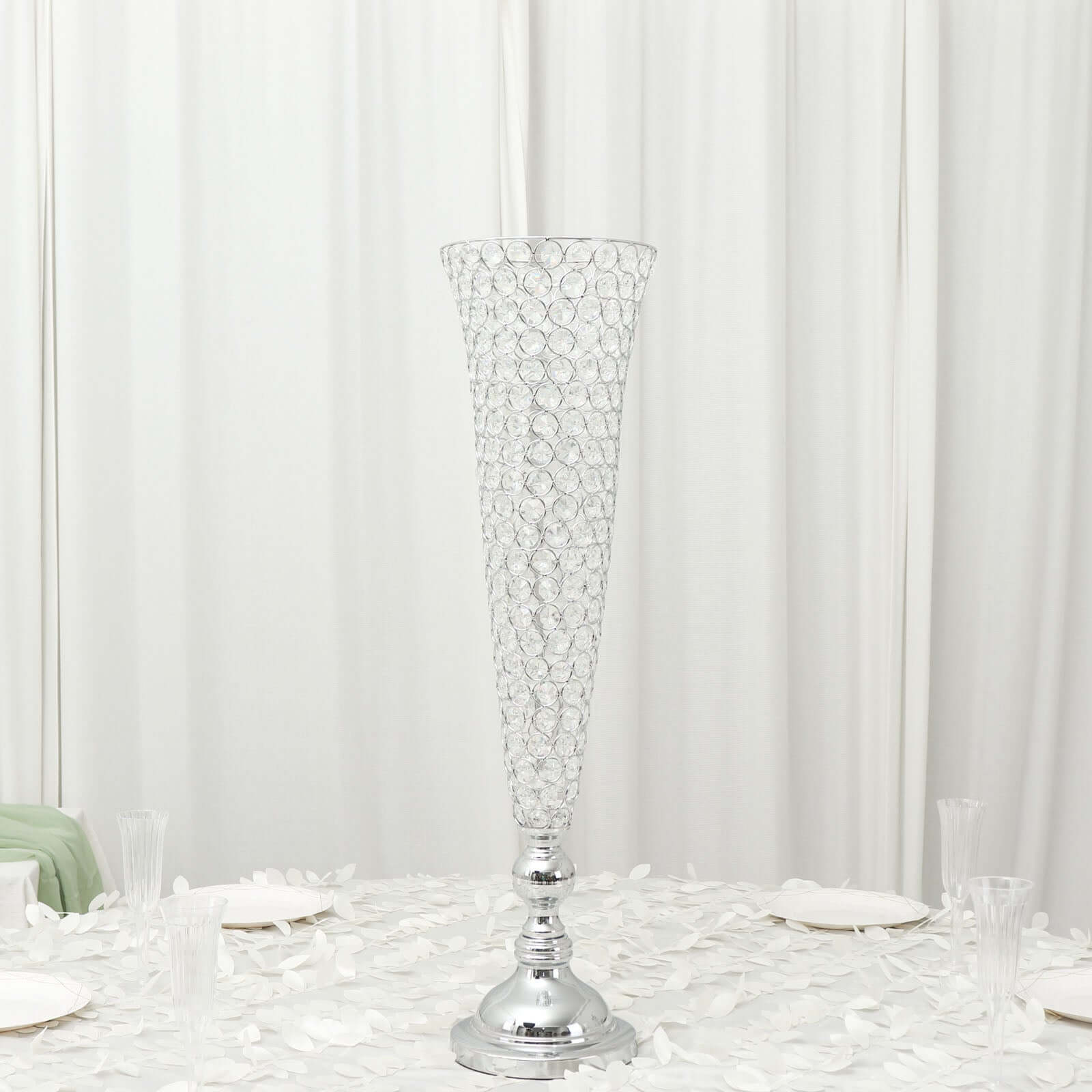 2-Pack Crystal Beaded Trumpet Vase Set Silver - Table Centerpiece for Weddings and Events 32"