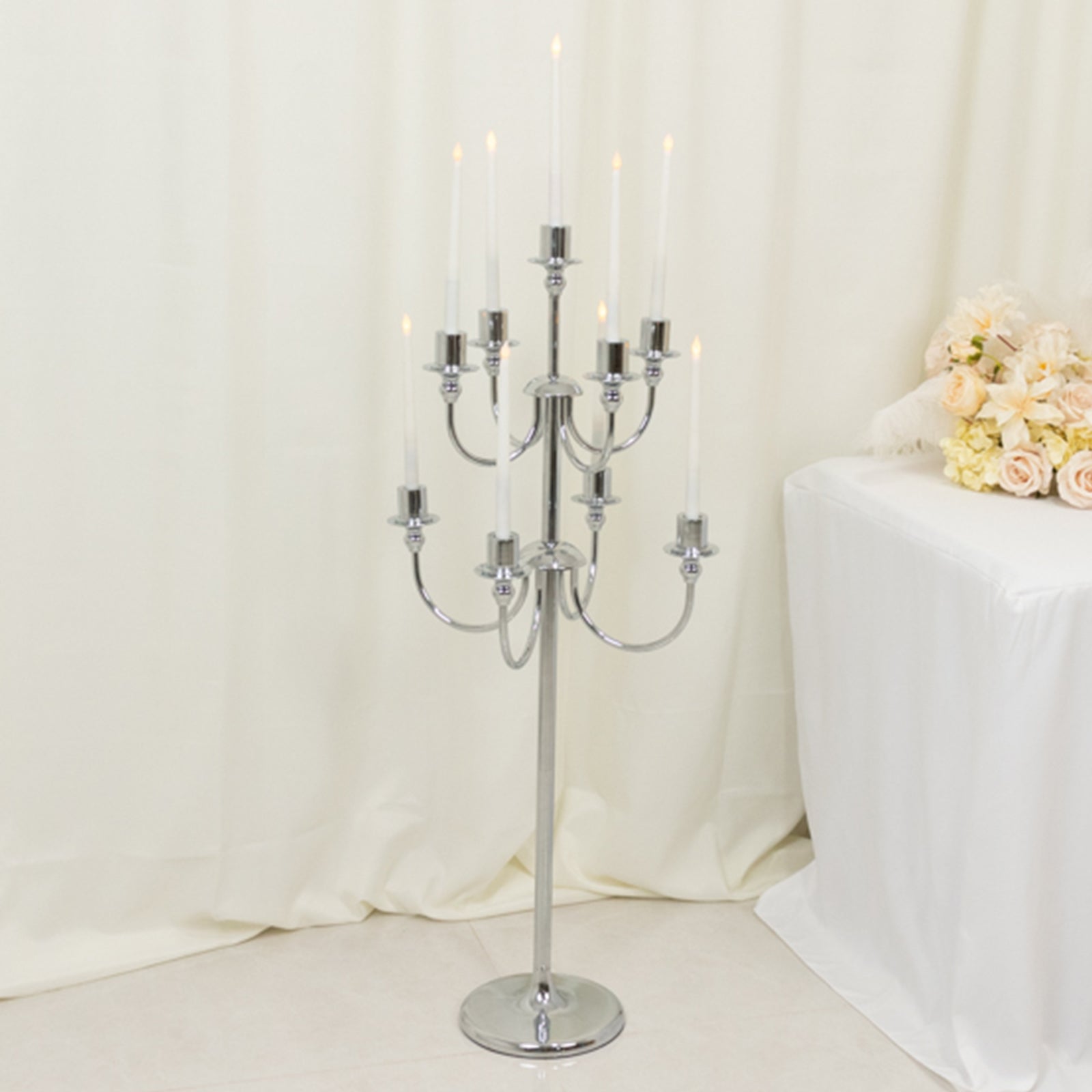 Metal Floor Candelabra Candle Holder, 9-Arm Vintage Taper Stand Silver Table Centerpiece for Weddings & Parties 46" Tall