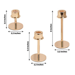 Set of 3 Metal Taper Candlestick Holders Gold with Round Base - Hurricane Candle Stands 3.5", 5.5", 8"