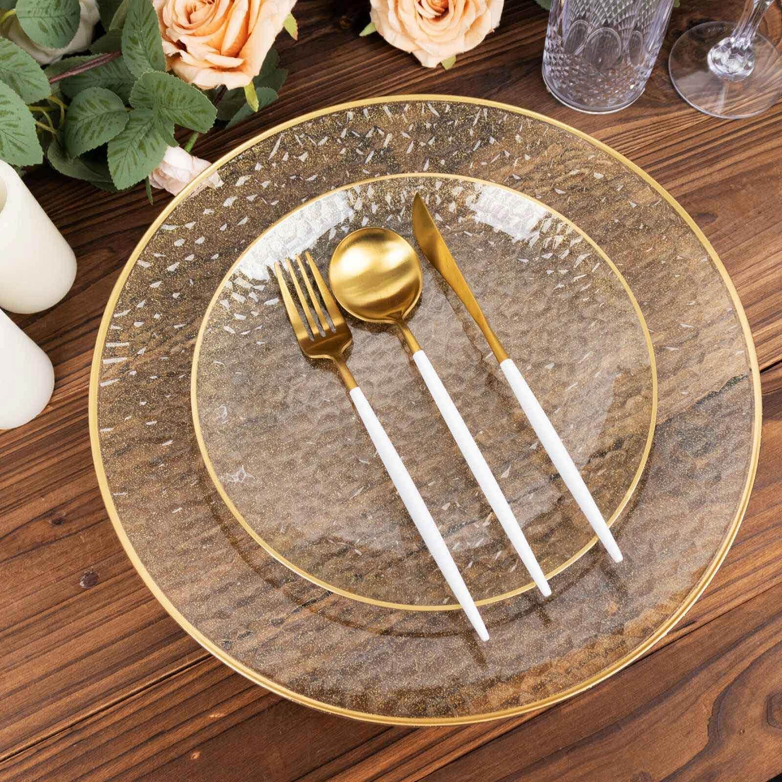10-Pack Plastic 7" Round Dessert Appetizer Plates in Clear Gold Glittered Hammered Design with Gold Rim - Modern Disposable Salad Plates for Events & Banquets