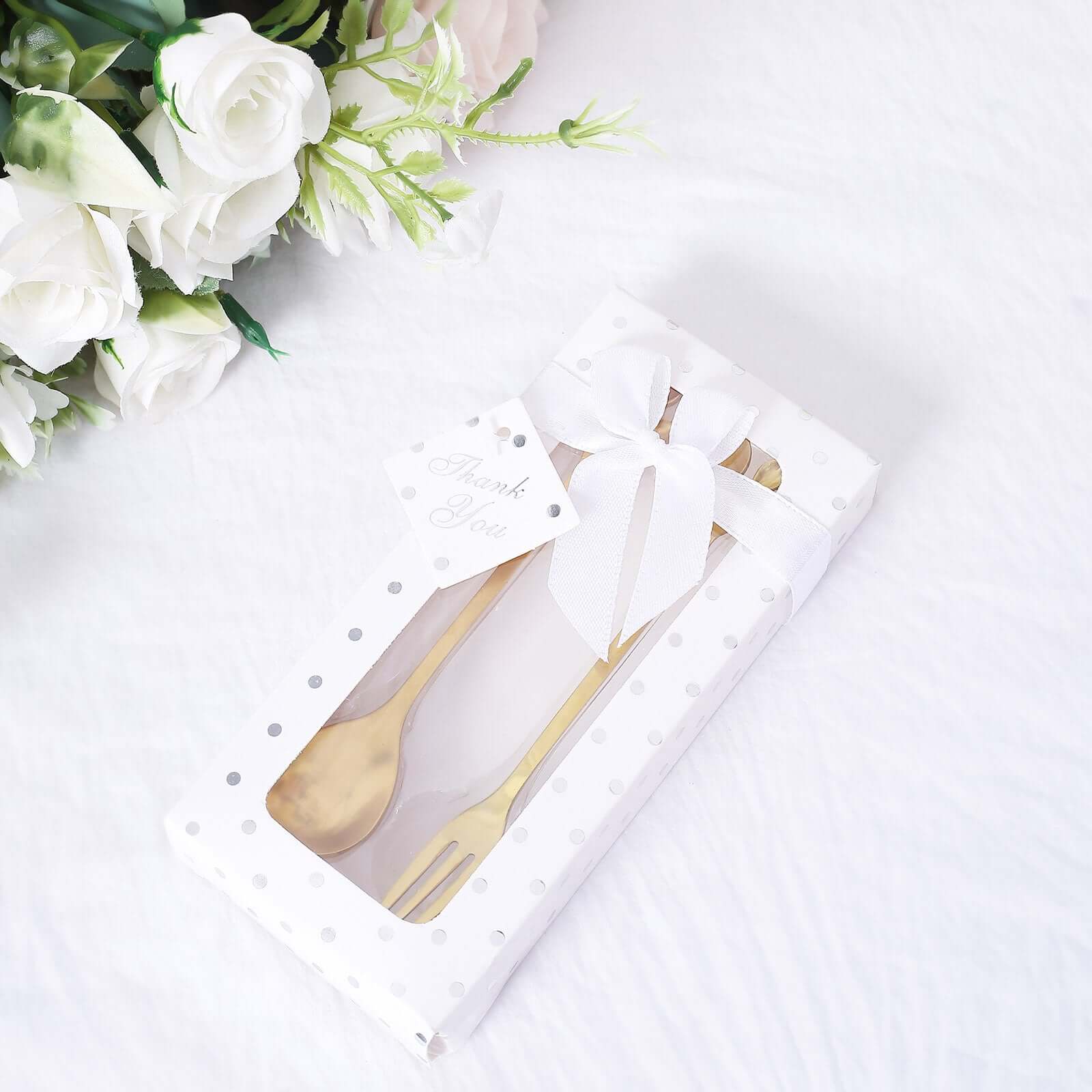 Gold Metal Spoon & Fork Pre-Packed Wedding Party Favors Set With Leaf Shaped Handle, Bridal Shower Souvenir Gift Box - 5"