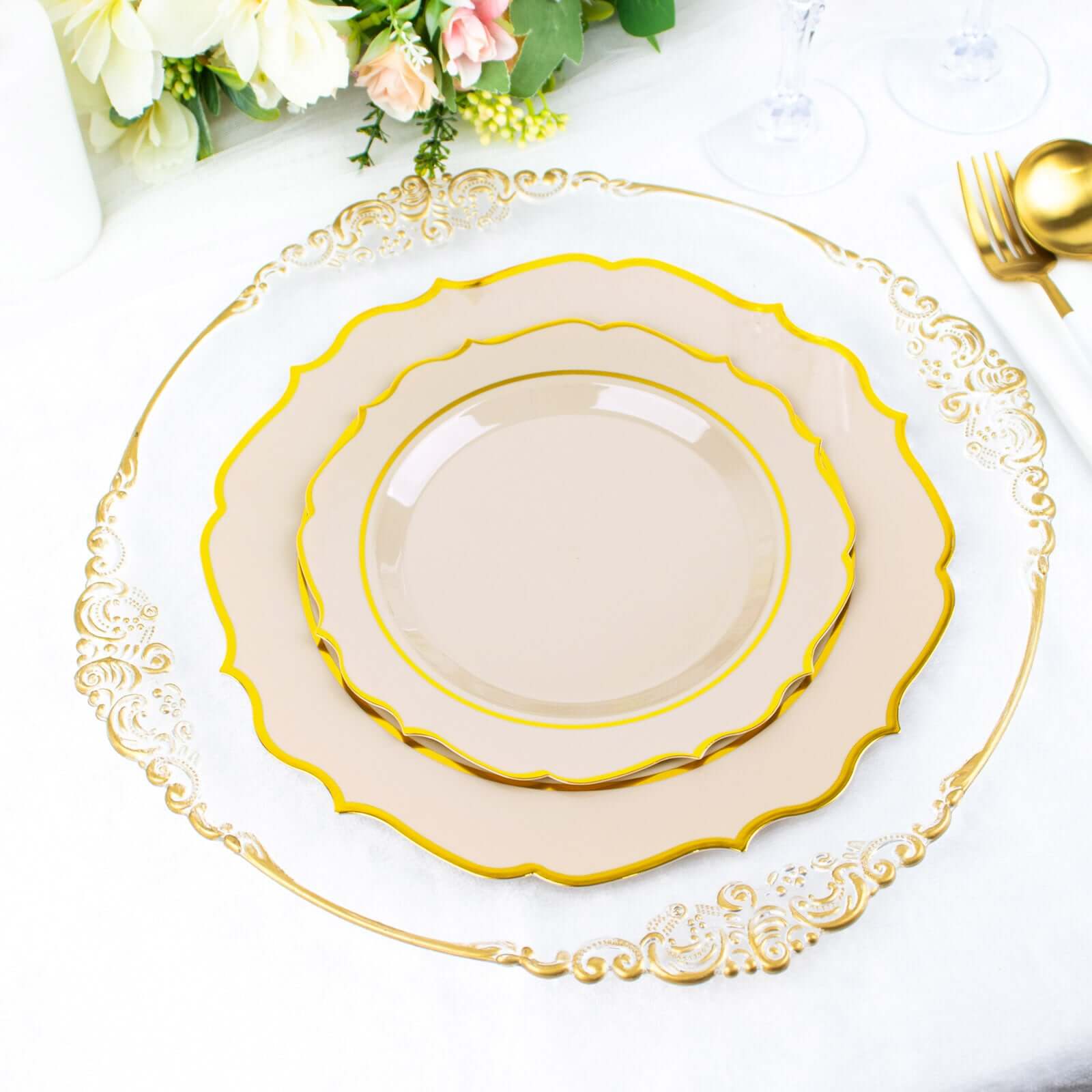 10-Pack Plastic 8" Round Dessert Plates in Taupe with Gold Scalloped Rim - Disposable Appetizer/Salad Plates