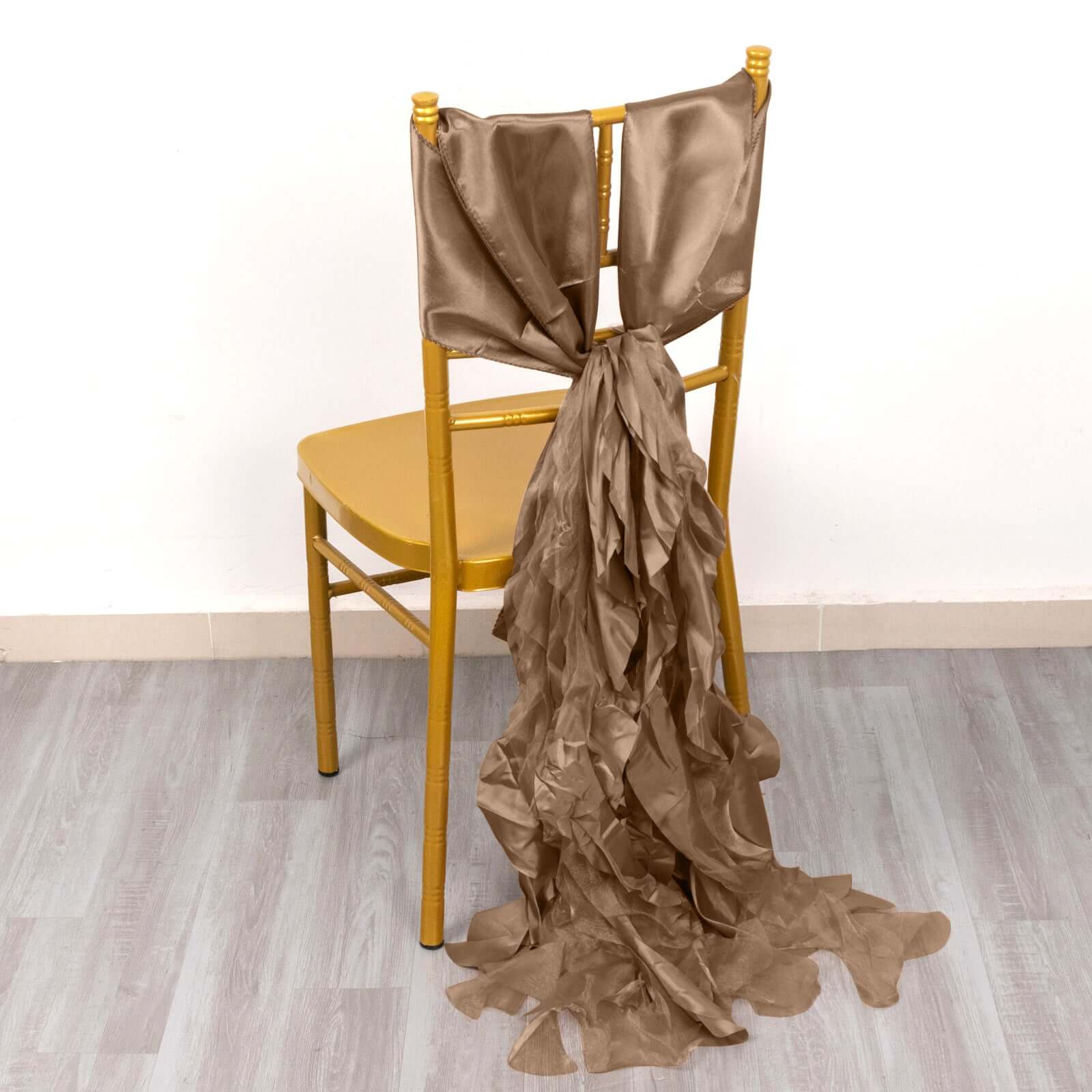 5 Pack Chiffon Satin Chair Sashes Taupe - Easy to Install Ruffled Curly Willow