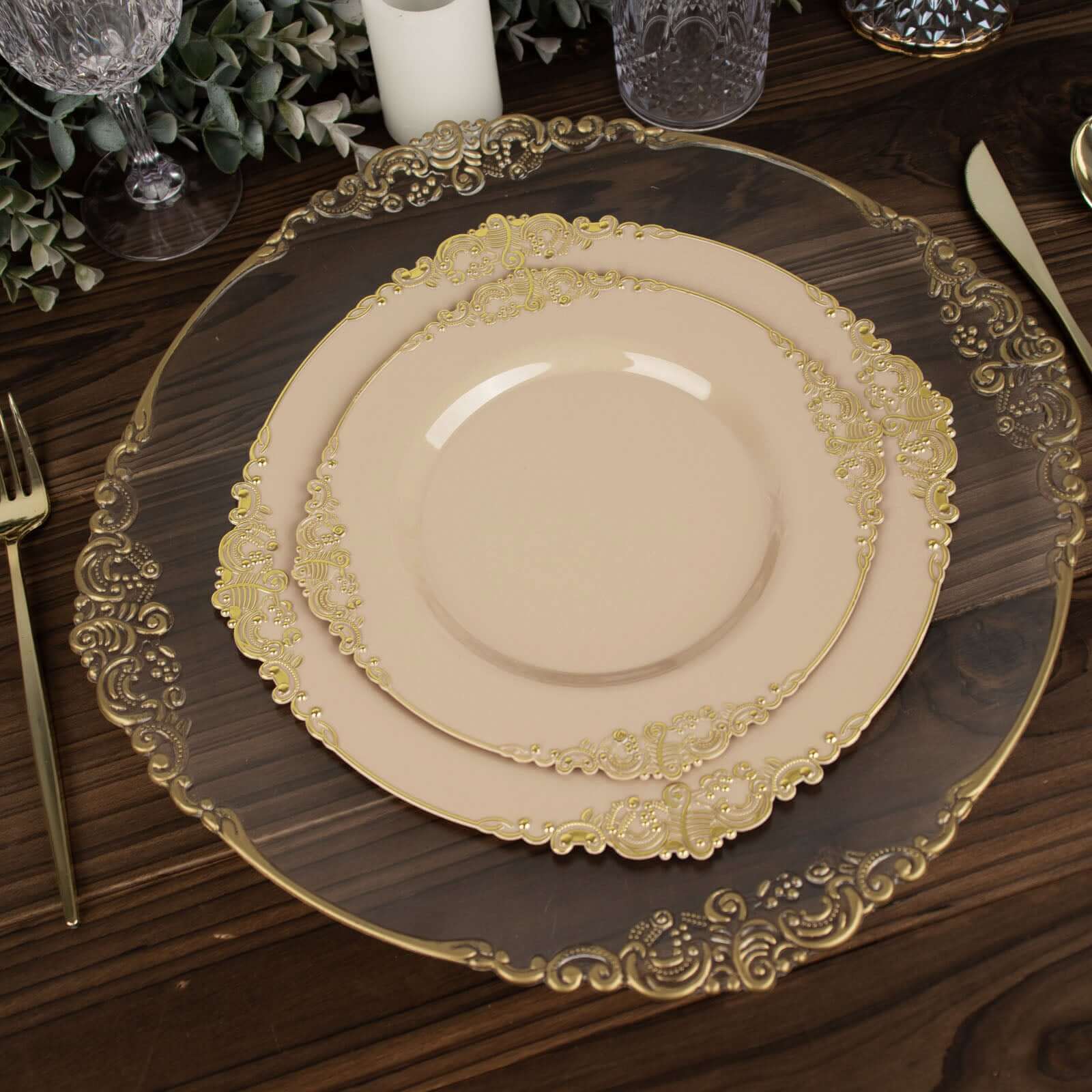 10-Pack Plastic 10" Round Dinner Plates in Taupe with Gold Leaf Embossed Rim - Disposable Vintage Baroque Style Plates