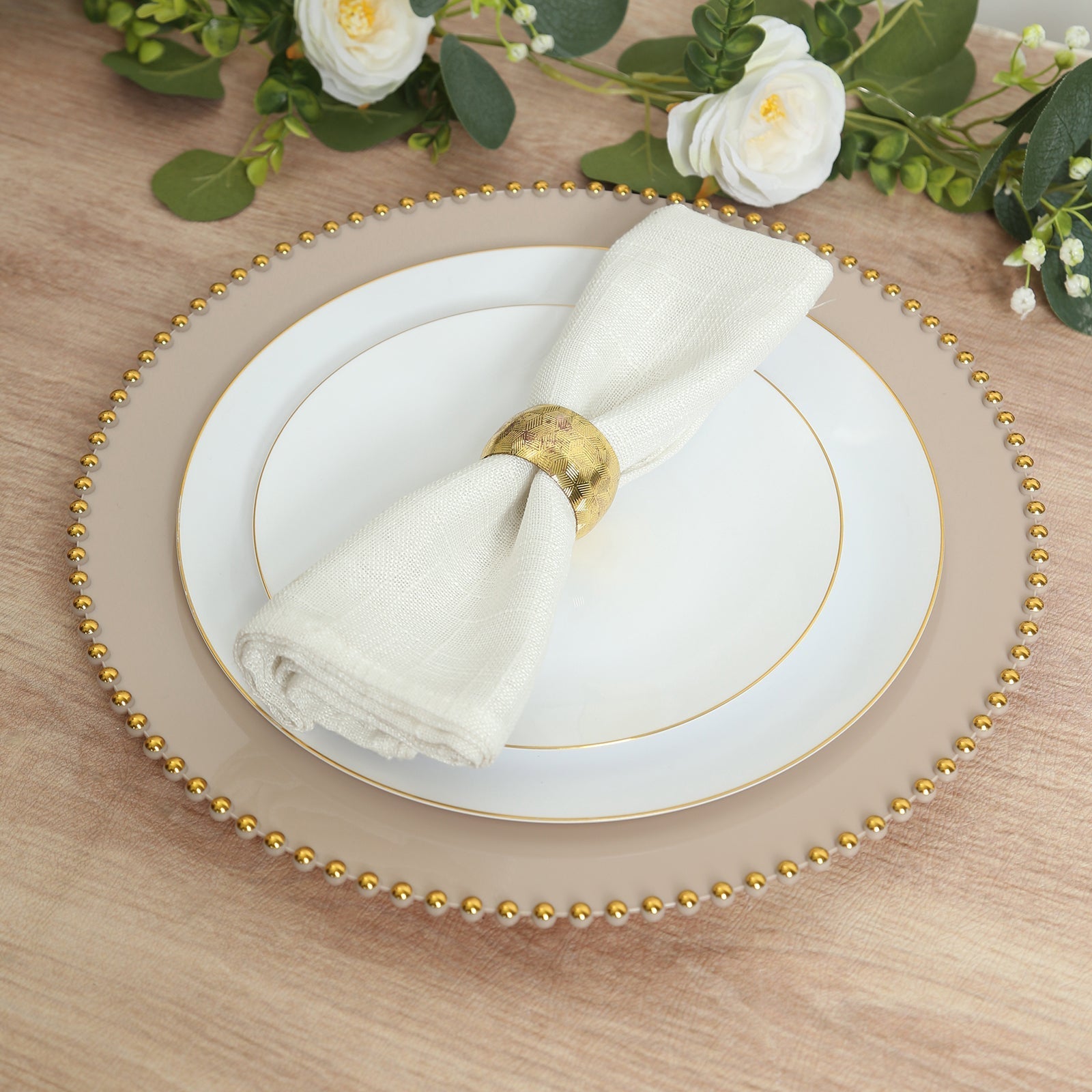 10-Pack Economy Round Plastic Charger Plates 13" in Taupe with Gold Beaded Rim, Stylish Dinner Party Serving Plates