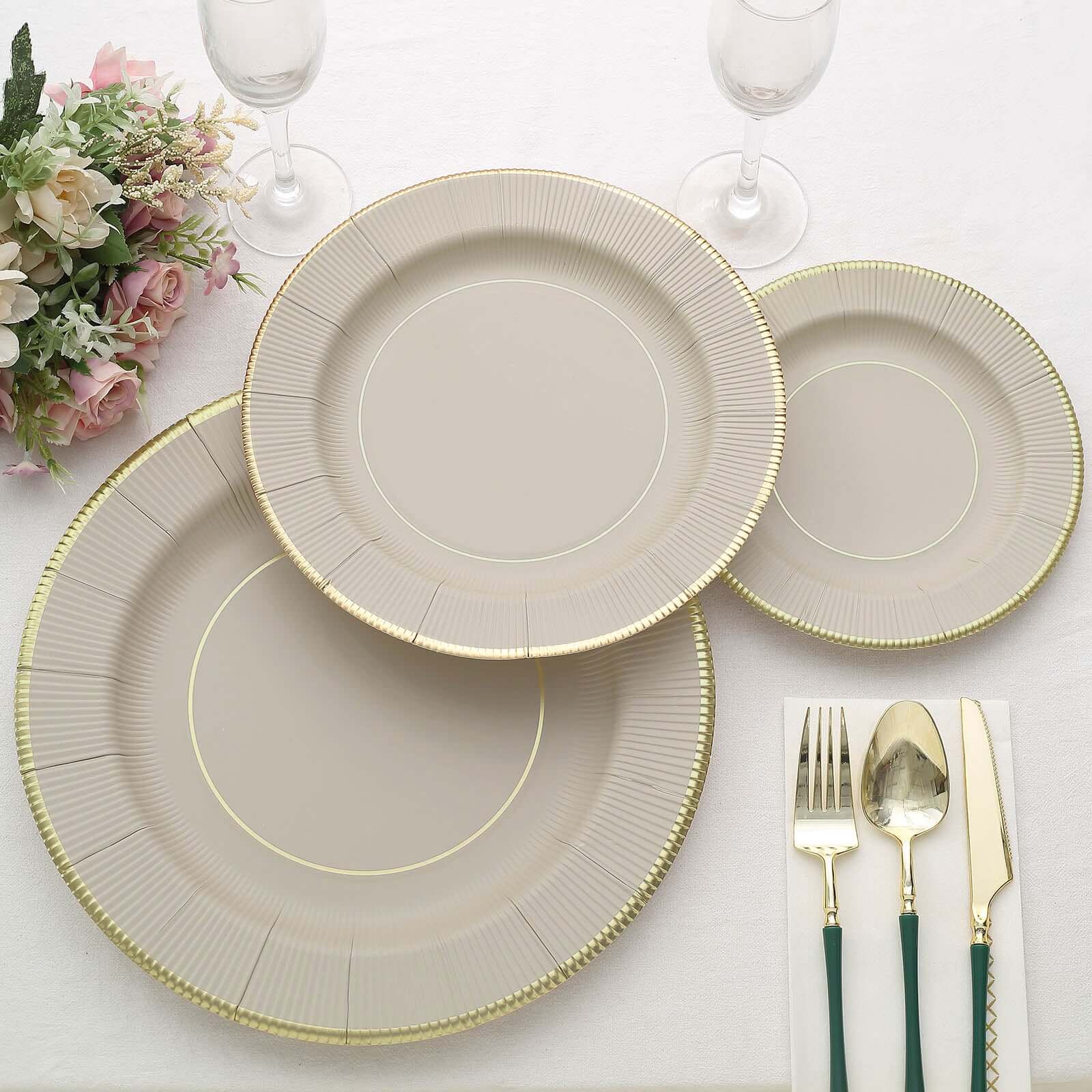 25-Pack Paper 10" Round Dinner Plates in Taupe Sunray Design with Gold Rim - Disposable Heavy Duty 350GSM Party Plates