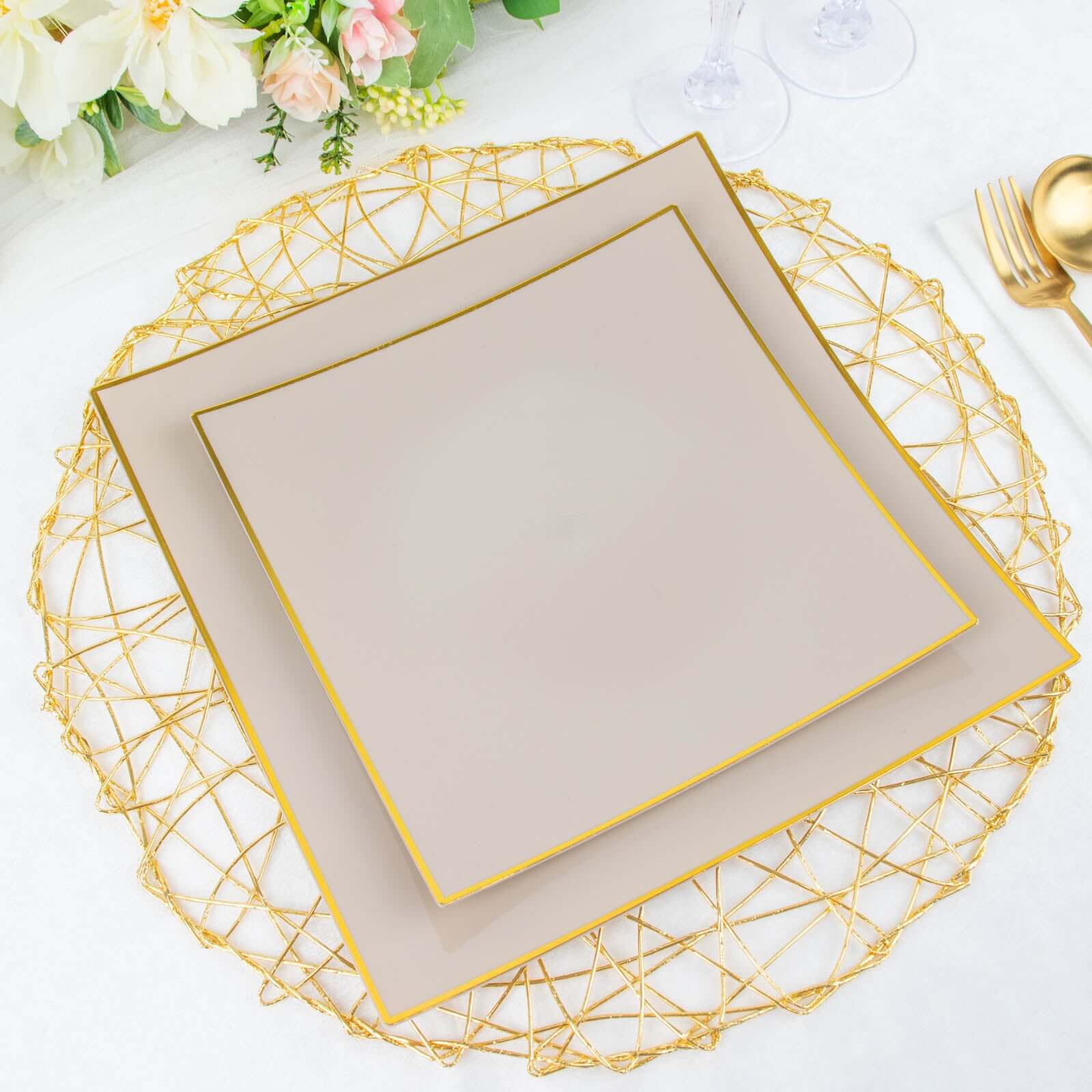 10-Pack Plastic 8" Square Dessert Plates in Taupe Concave Style with Gold Rim - Modern Disposable Salad Appetizer Party Plates