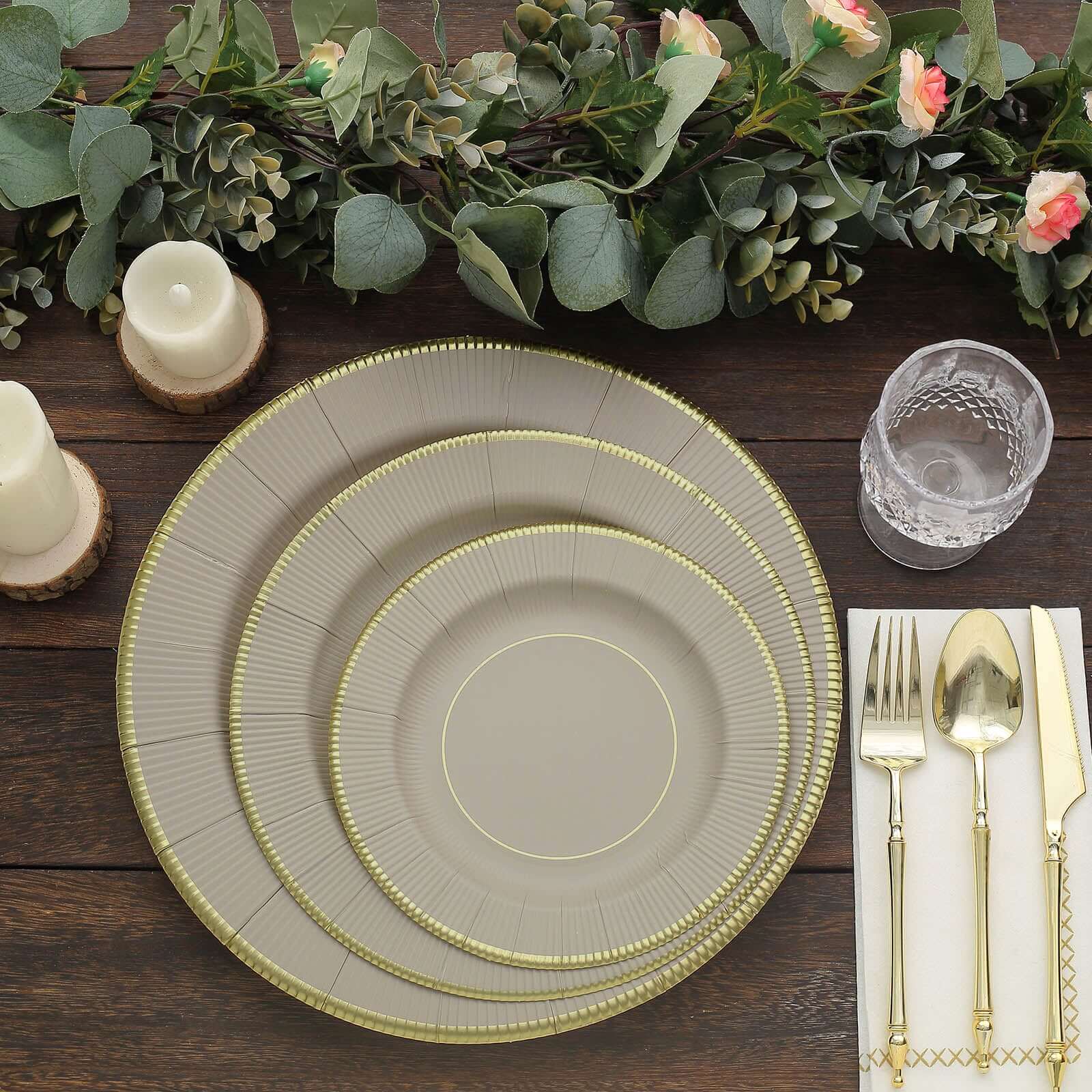 25-Pack Paper 10" Round Dinner Plates in Taupe Sunray Design with Gold Rim - Disposable Heavy Duty 350GSM Party Plates