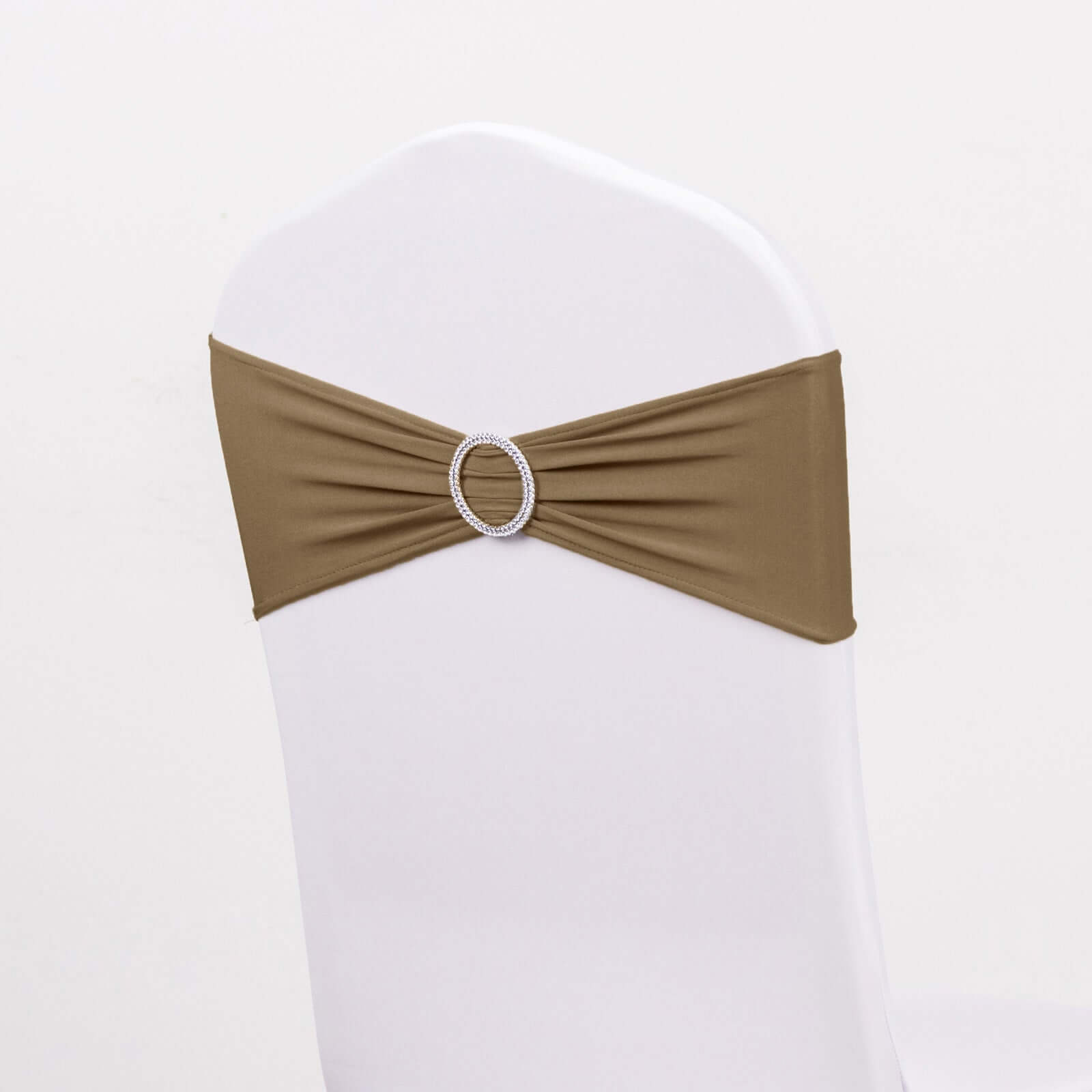 5 Pack Stretch Spandex Chair Sashes Taupe - Reusable Chair Bands with Silver Diamond Ring Slide Buckle 5"x14"