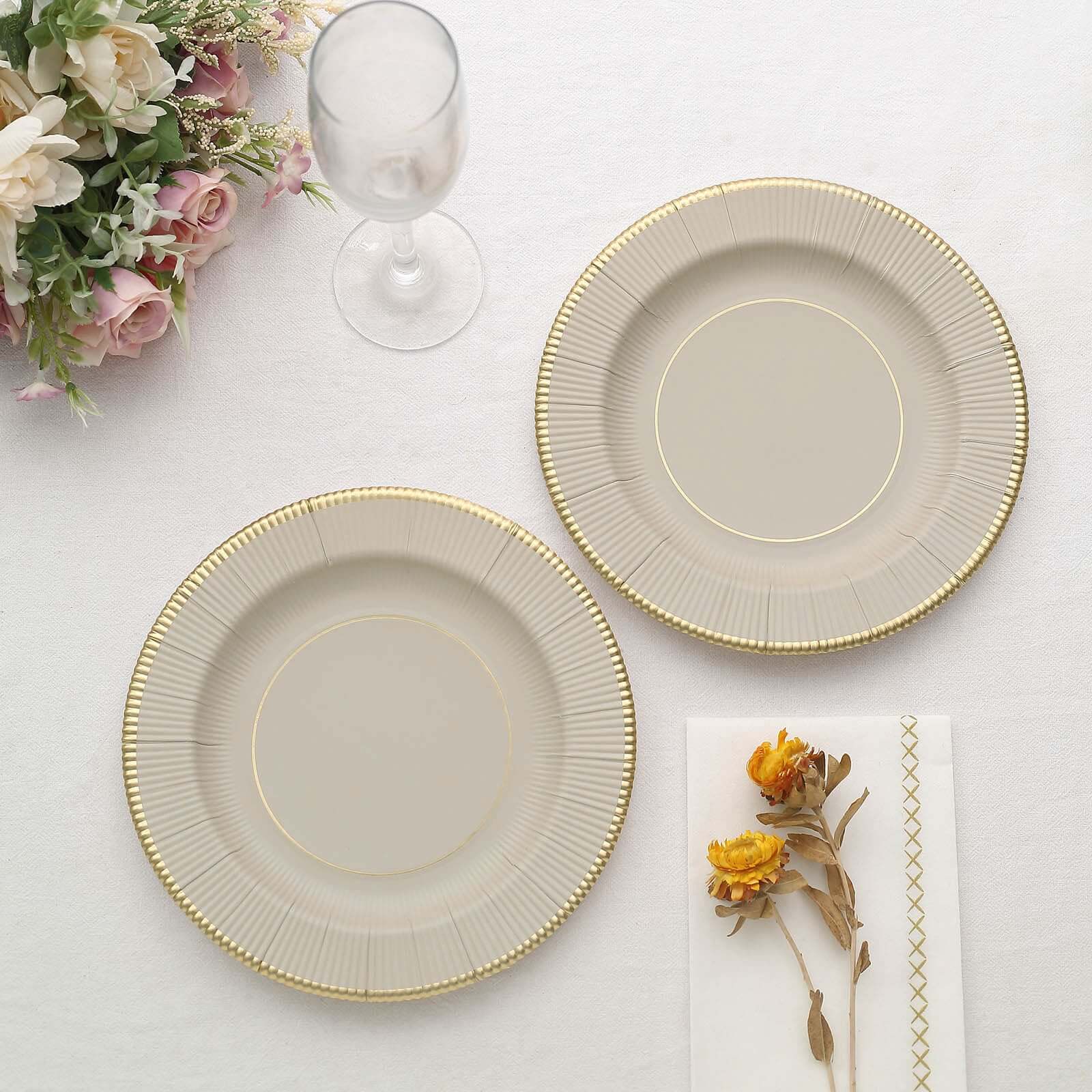 25-Pack Paper 8" Round Dessert Plates in Taupe Sunray Design with Gold Rim - Disposable Heavy Duty 350GSM Appetizer Salad Plates