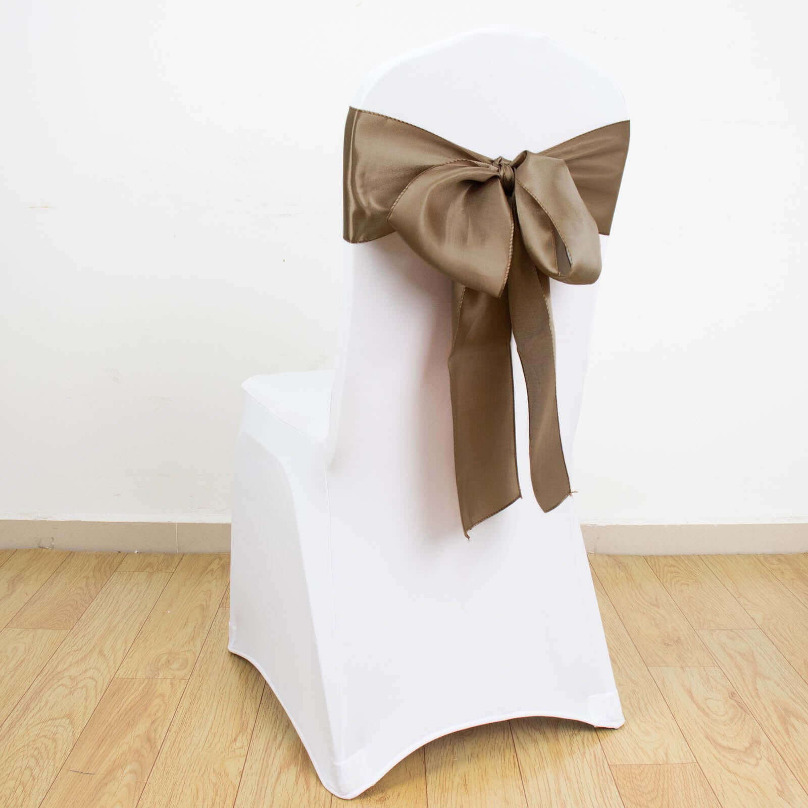 5 Pack Satin Chair Sashes Taupe - Durable Chair Bows with Shiny Finish 6"x106"