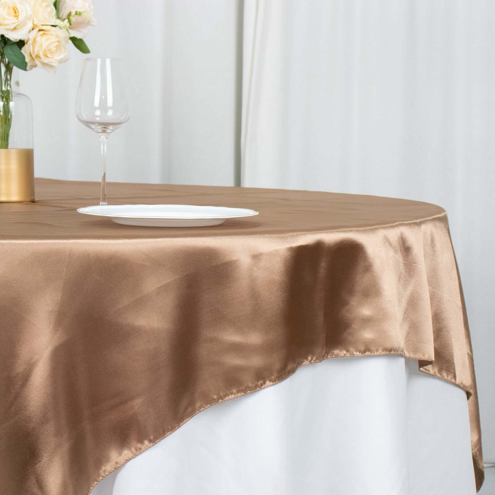 Satin 72"x72" Table Overlay Square Tablecloth Taupe - Smooth Finish Table Cover