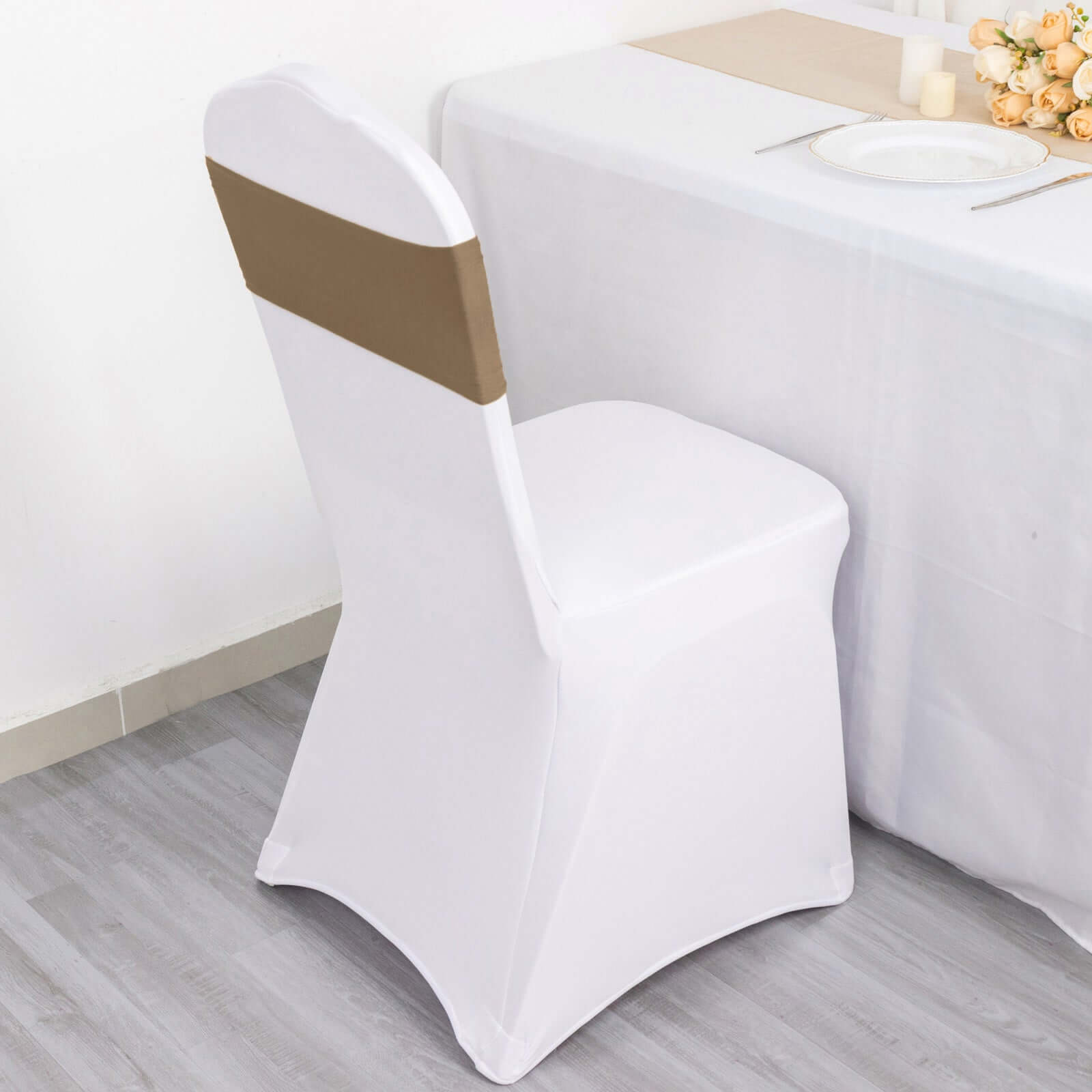 5 Pack Stretch Spandex Chair Sashes Taupe - Fitted Finish Two Ply Heavy Duty Chair Bands 5"x12"