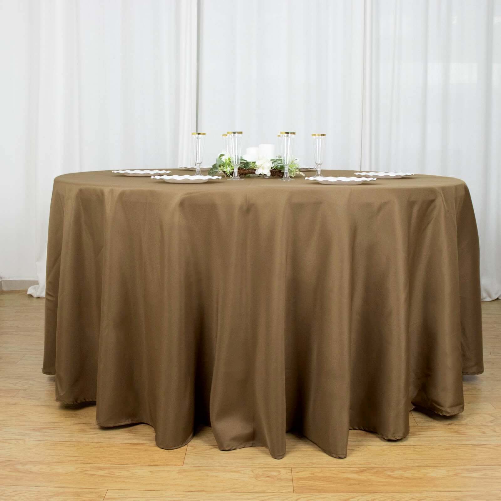 Polyester 120" Round Tablecloth Taupe - Seamless Wrinkle-Resistant Table Cover