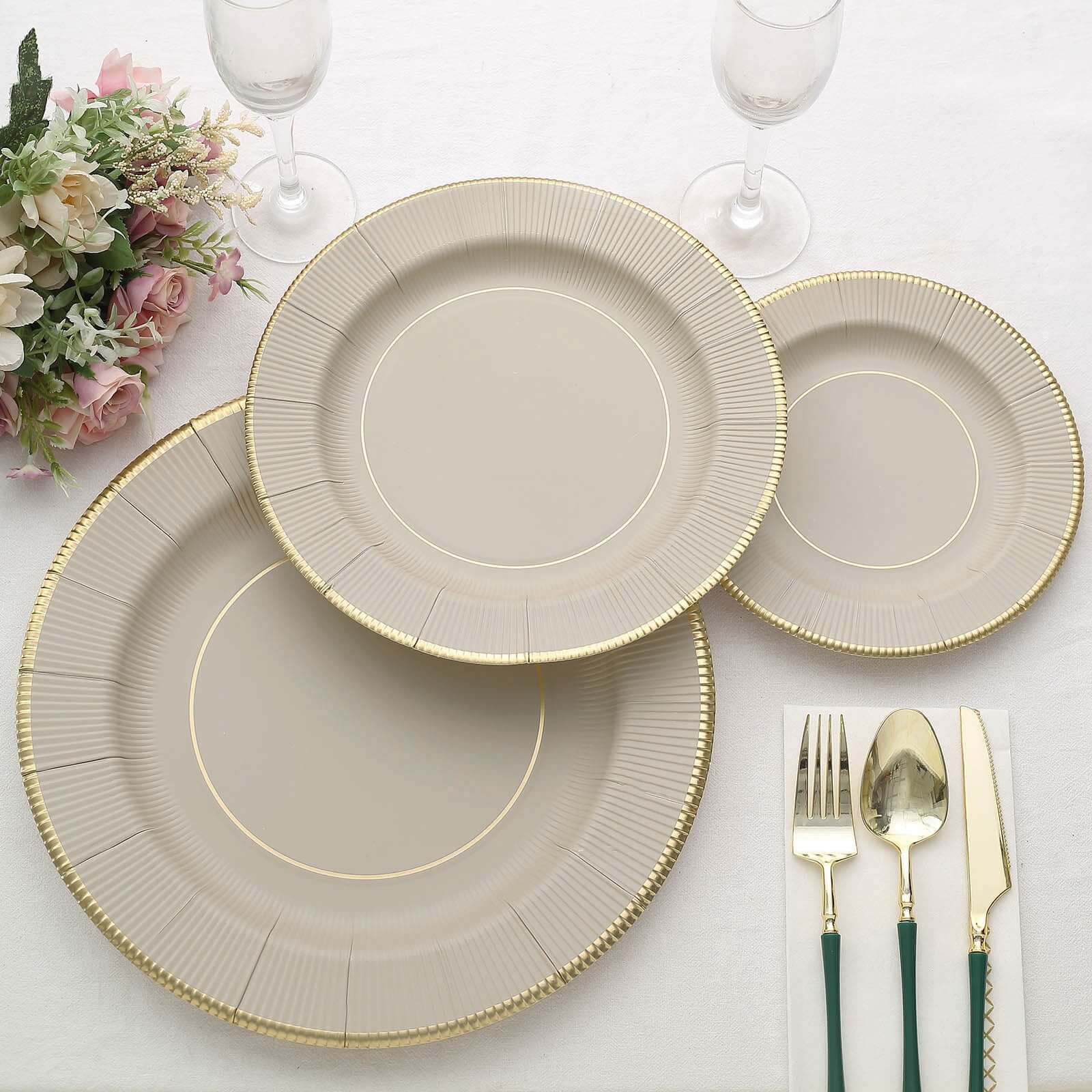 25-Pack Disposable Round Charger Plates in Taupe Sunray Design with Gold Rim - 350GSM Heavy Duty Paper Chargers 13"