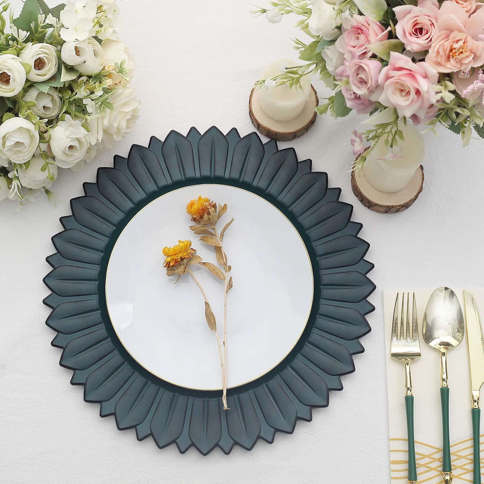 6-Pack Plastic Round Charger Plates 13" in Teal with Sunflower Rim, Matte Finish Disposable Dinner Charger Tableware