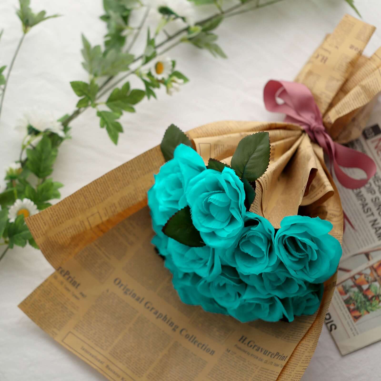 12" Turquoise Artificial Velvet-Like Fabric Rose Flower Bouquet Bush