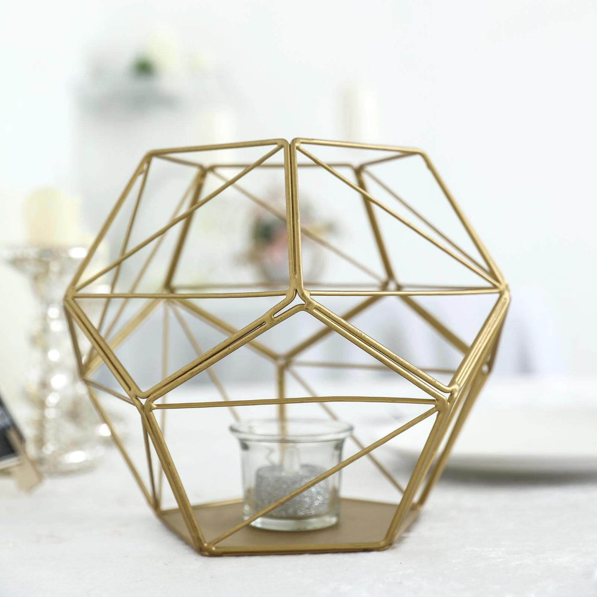 Tealight Candle Holder Gold Metal Pentagon Prism Geometric Open Frame - Flower Stand 7"