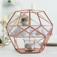 Tealight Candle Holder Rose Gold Metal Pentagon Prism Geometric Open Frame - Flower Stand 7"