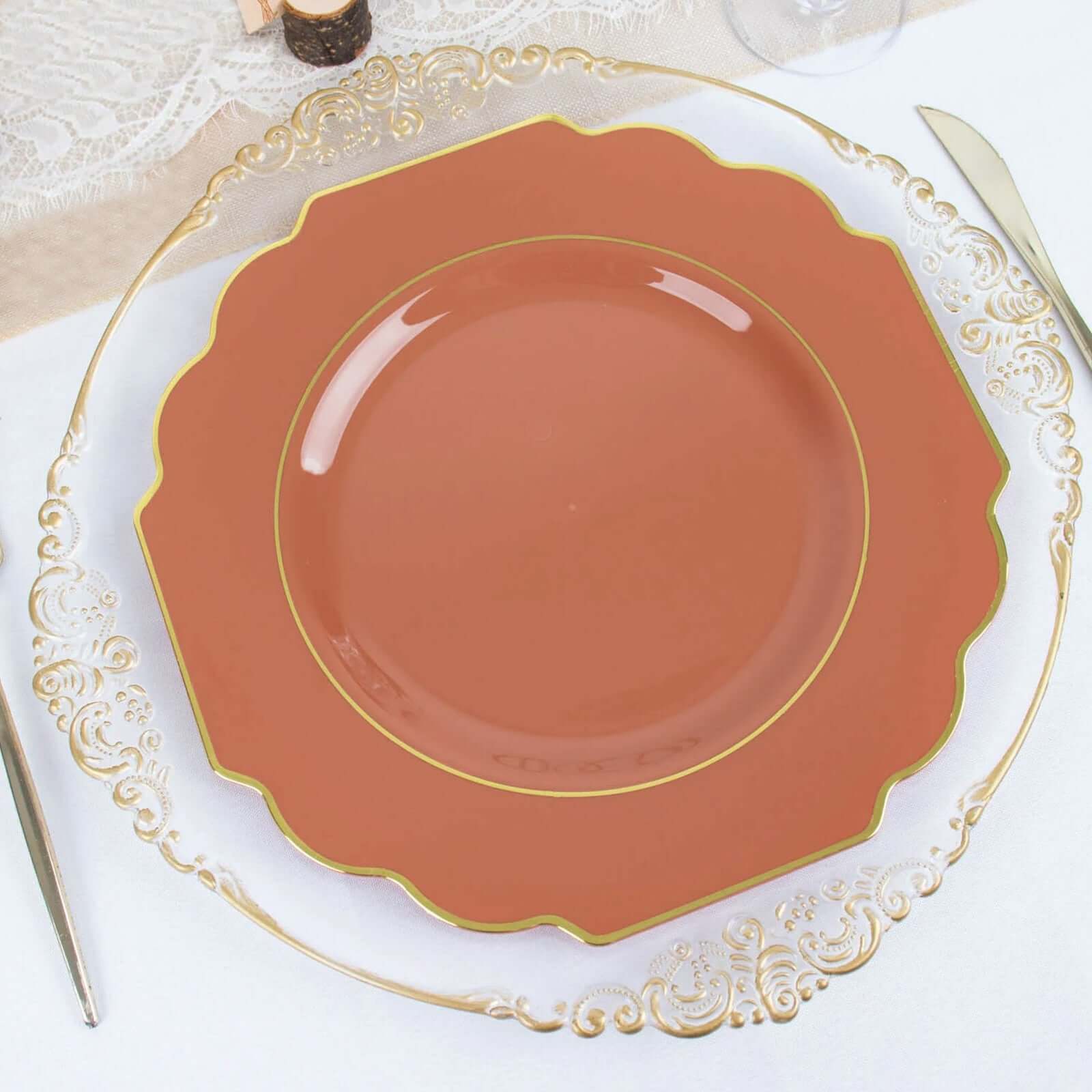 10-Pack Plastic Dinner Plates in Terracotta (Rust) Baroque Design with Scalloped Gold Rim - Heavy Duty Disposable Party Plates 11"