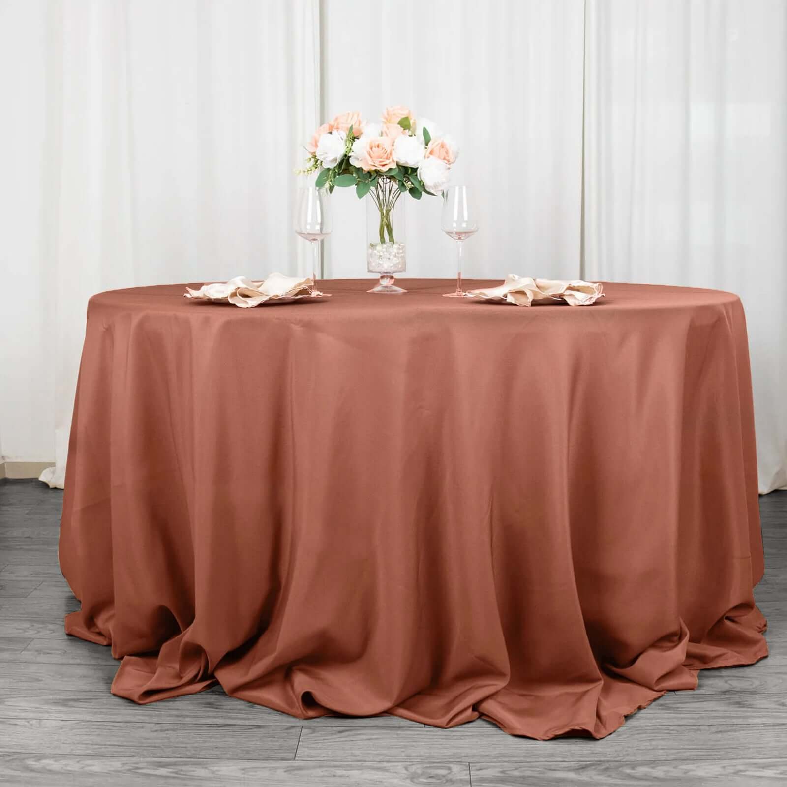 Premium Polyester 132" Round Tablecloth Terracotta (Rust) - Seamless 220GSM Wrinkle-Resistant Table Cover