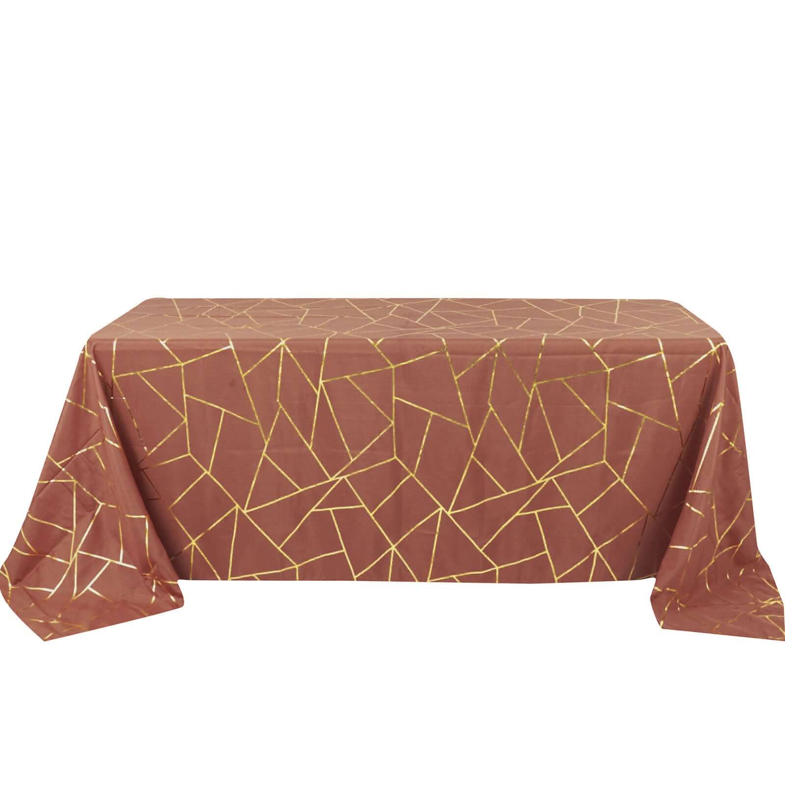Polyester 90"x132" Rectangle Tablecloth Terracotta (Rust) with Gold Foil Geometric Pattern - Wrinkle-Resistant Seamless Table Cover