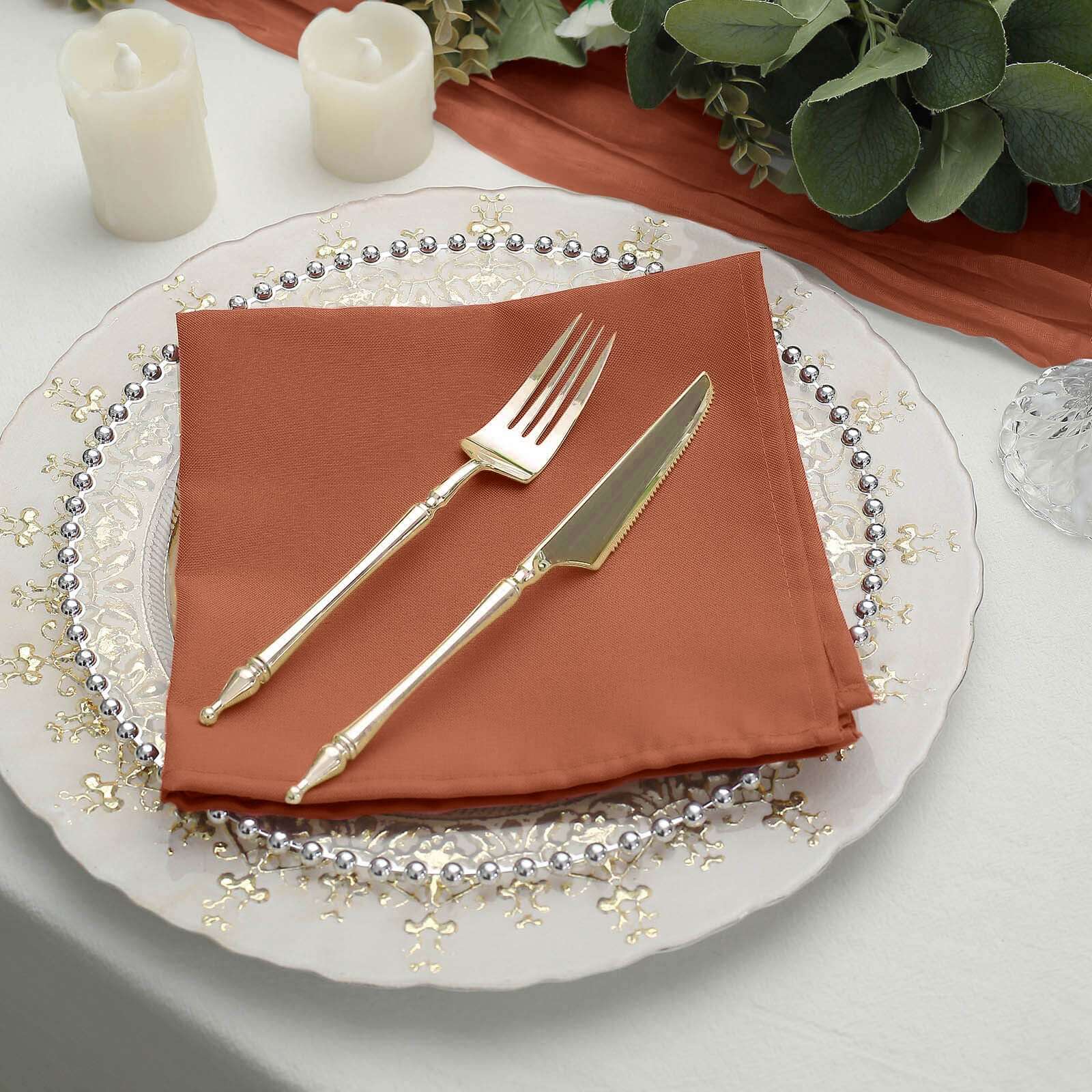 5 Pack Polyester 17"x17" Napkins Terracotta (Rust) - Durable & Wrinkle Resistant Dinner Napkins