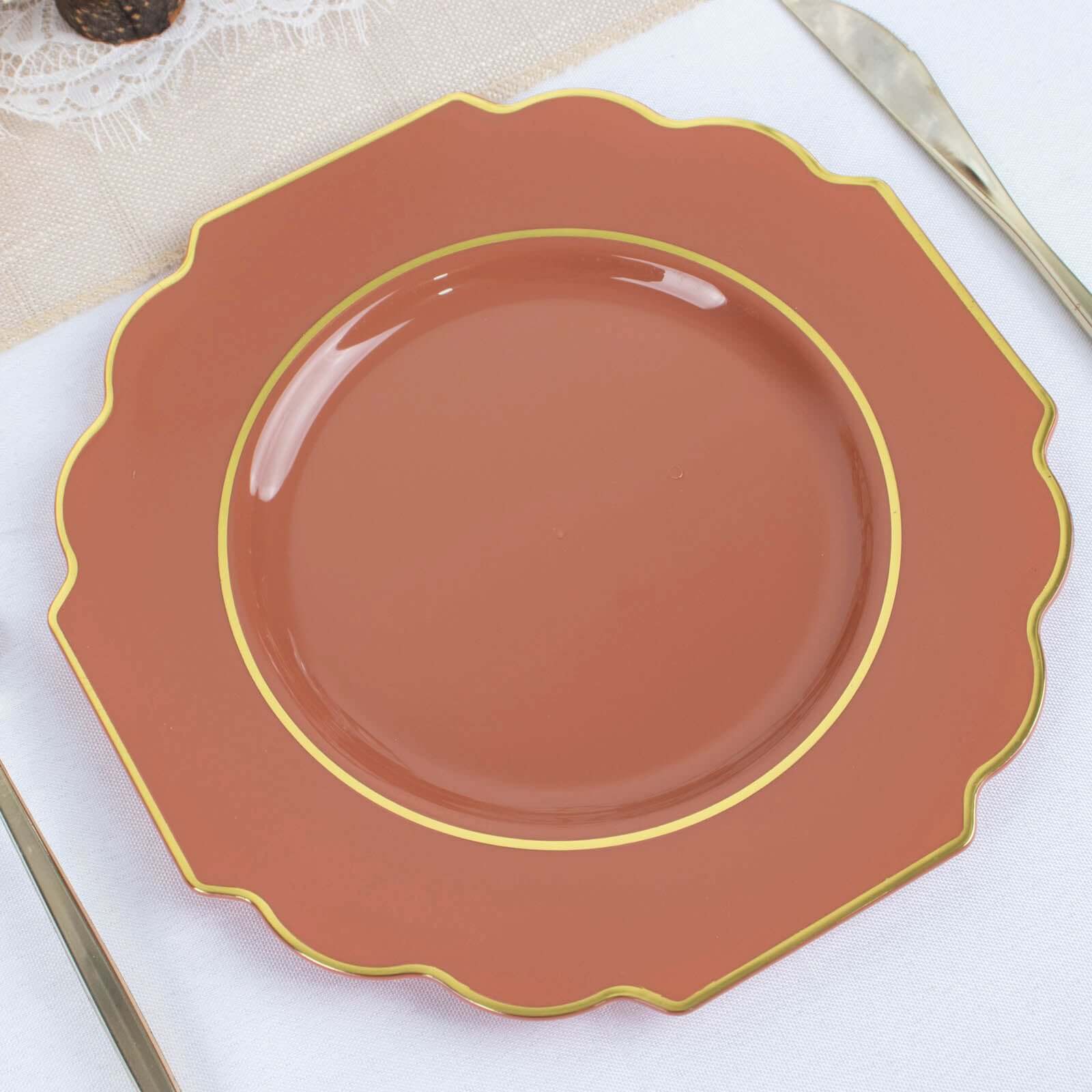 10-Pack Plastic Dessert Appetizer Plates in Terracotta (Rust) Baroque Design with Scalloped Gold Rim - Heavy Duty Disposable Salad Plates 8"
