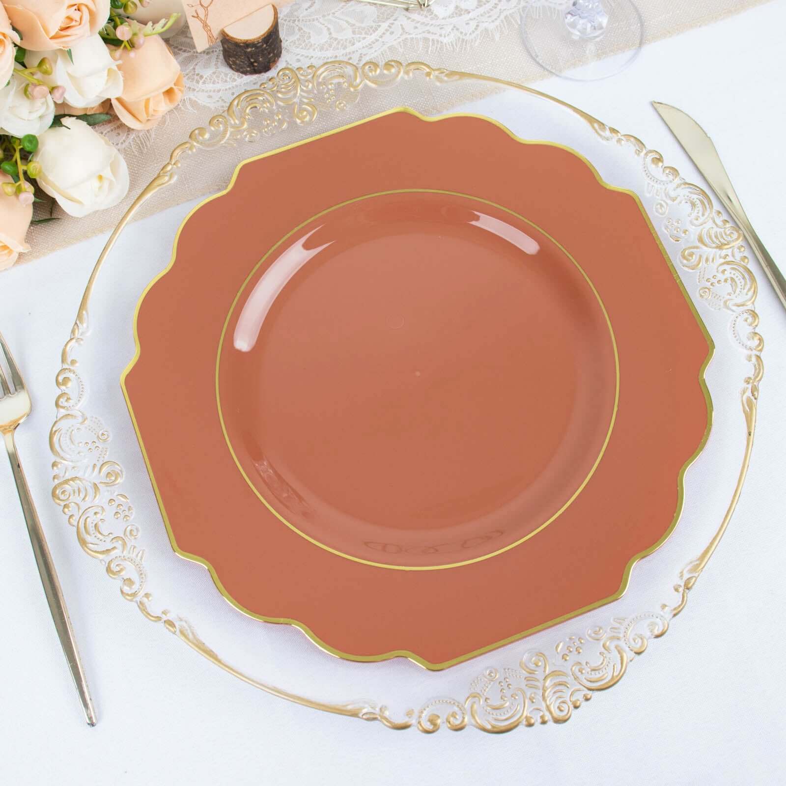 10-Pack Plastic Dinner Plates in Terracotta (Rust) Baroque Design with Scalloped Gold Rim - Heavy Duty Disposable Party Plates 11"