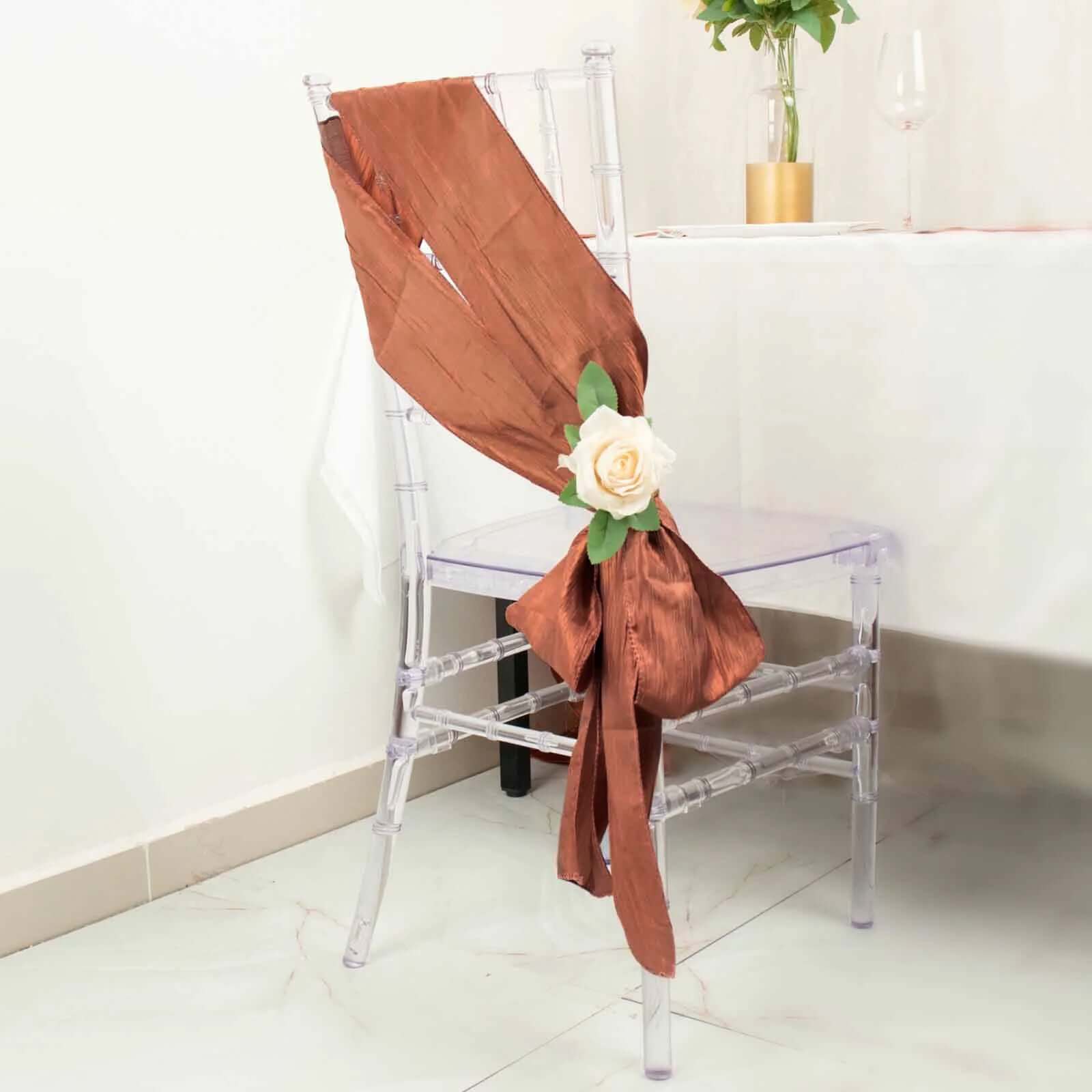 5 Pack Taffeta 6"x106" Chair Sashes Terracotta (Rust) Accordion Crinkle Texture - Stylish Decor for Weddings & Gatherings