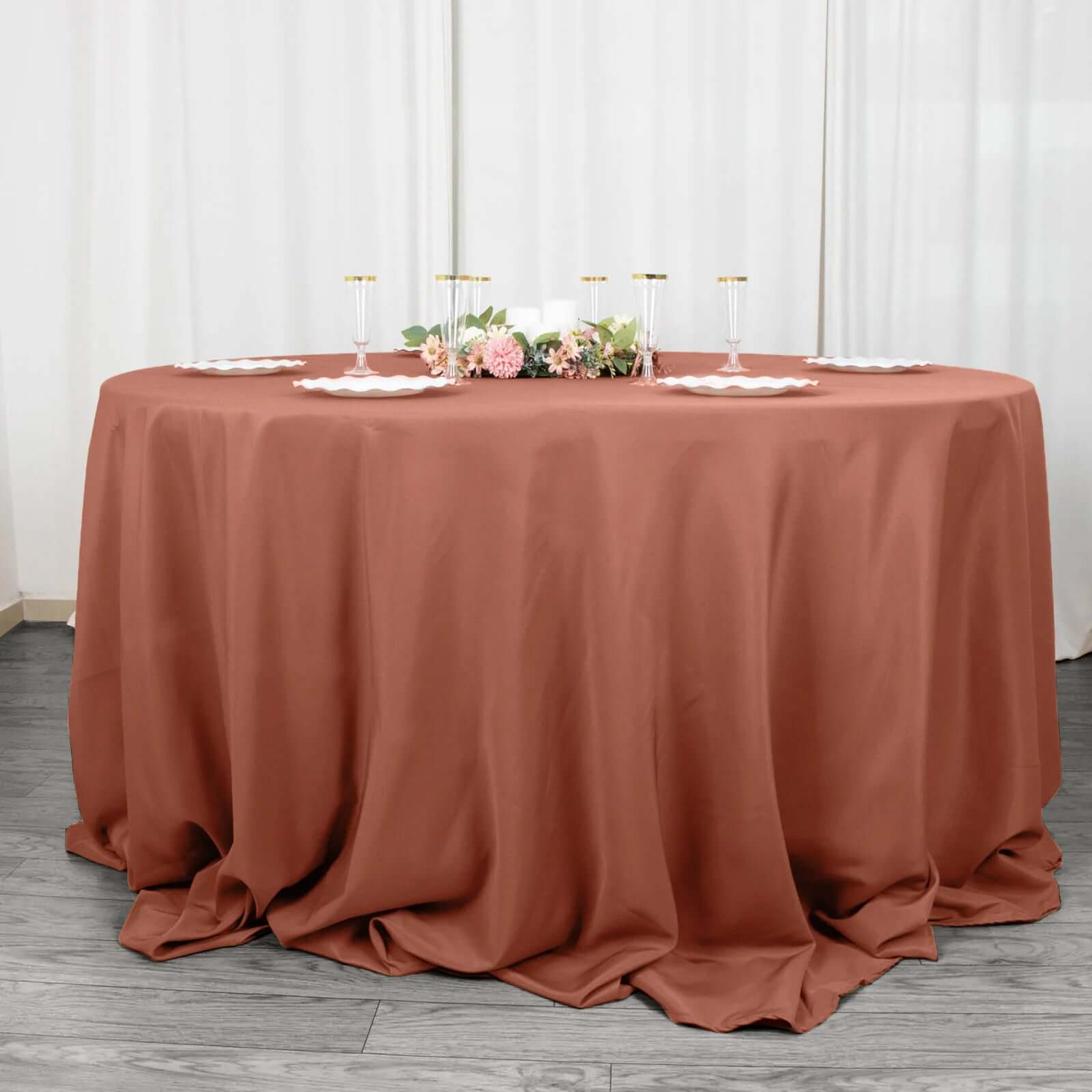 Premium Polyester 132" Round Tablecloth Terracotta (Rust) - Seamless 220GSM Wrinkle-Resistant Table Cover