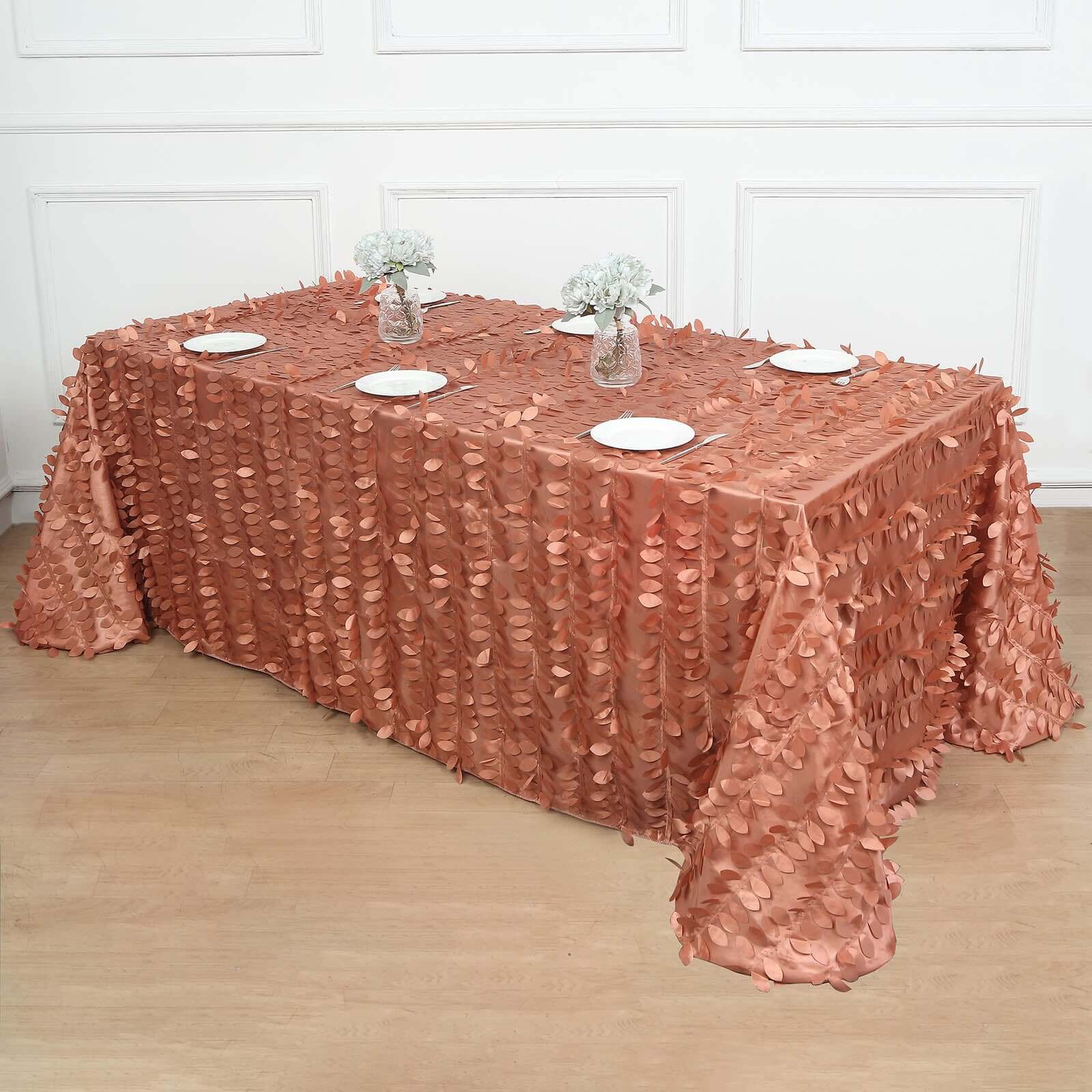 Taffeta 90"x156" Rectangle Tablecloth Terracotta (Rust) | 3D Leaf Petal Design Seamless Table Cover