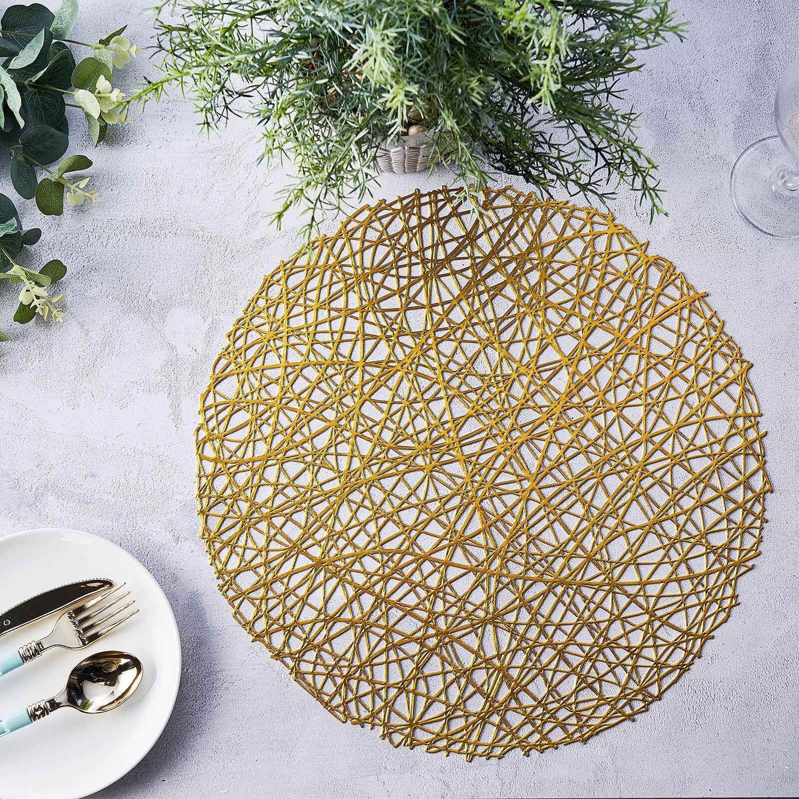 6-Pack Vinyl Placemats Gold Woven Design - Durable Non-Slip Round Table Mats for Dining 15"