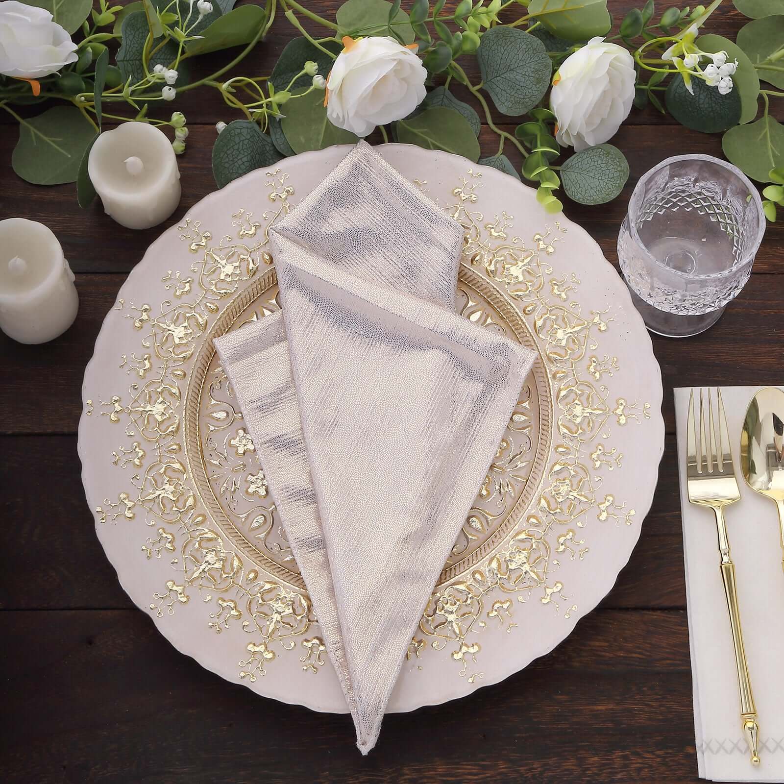 5 Pack Polyester 20"x20" Napkins Beige Shimmer Sequin Dots - Luminous Cloth Napkins