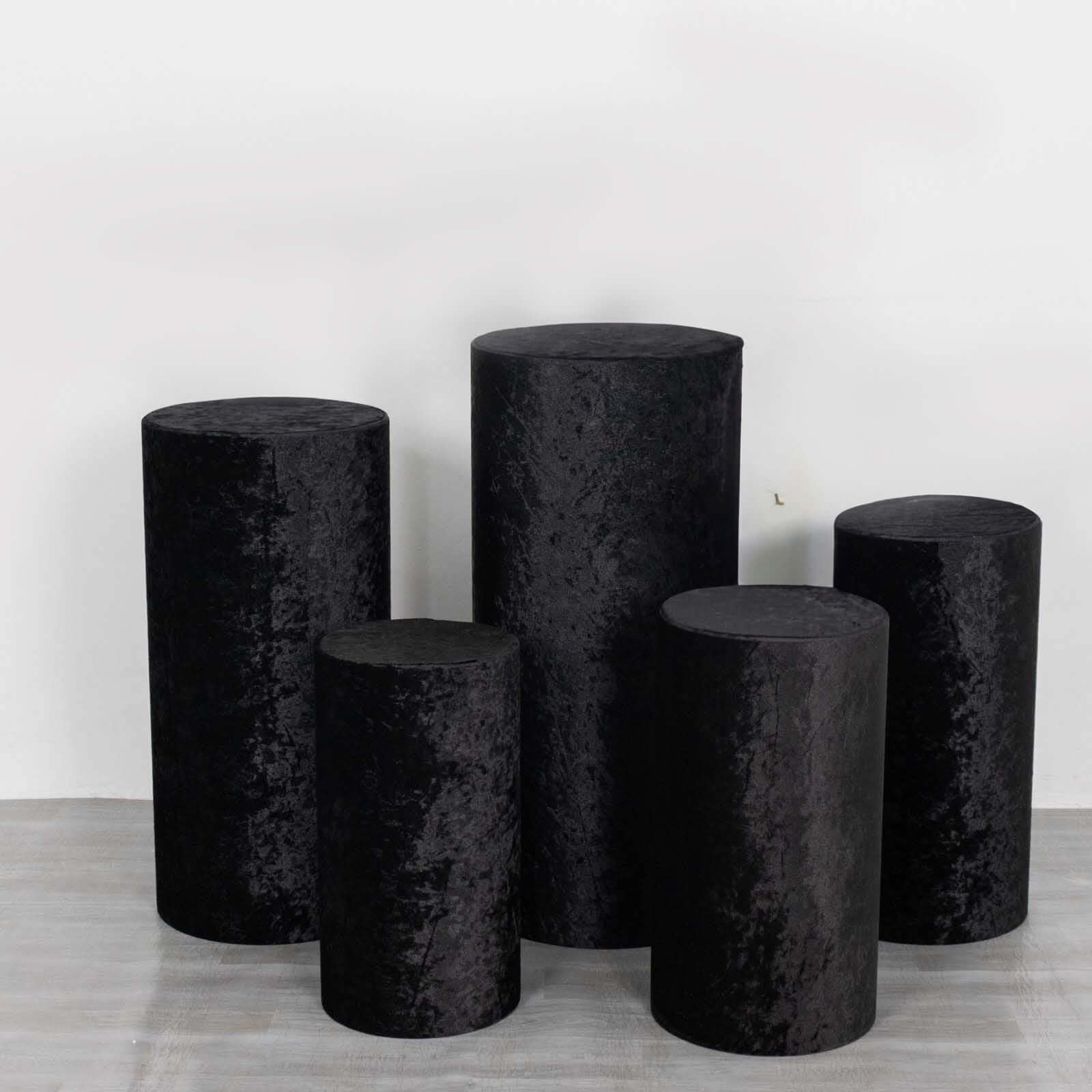 Set of 5 Black Crushed Velvet Cylinder Pedestal Stand Covers, Premium Pillar Prop Covers