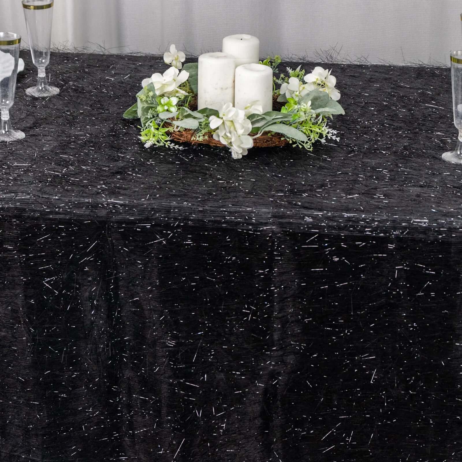 Polyester 90"x156" Rectangle Tablecloth Black Metallic Fringe Shag Tinsel Table Cover