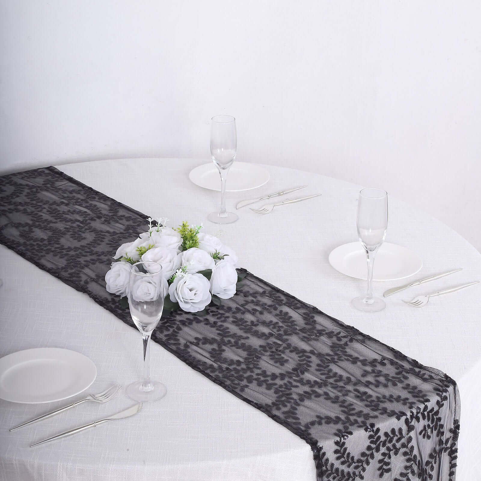 Mesh 12"x108" Table Runner Black - Leaf Vine Embroidery