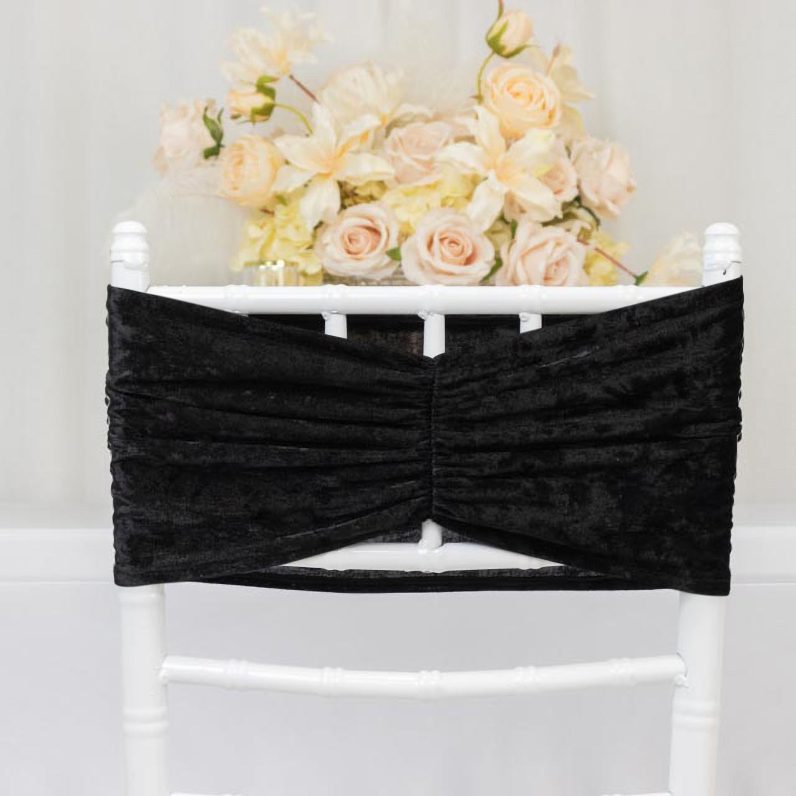 5 Pack Crushed Velvet Chair Bands Black Wide Ruffle Style - Textured Chair Sashes for Stunning Event Decor - 8"x15"