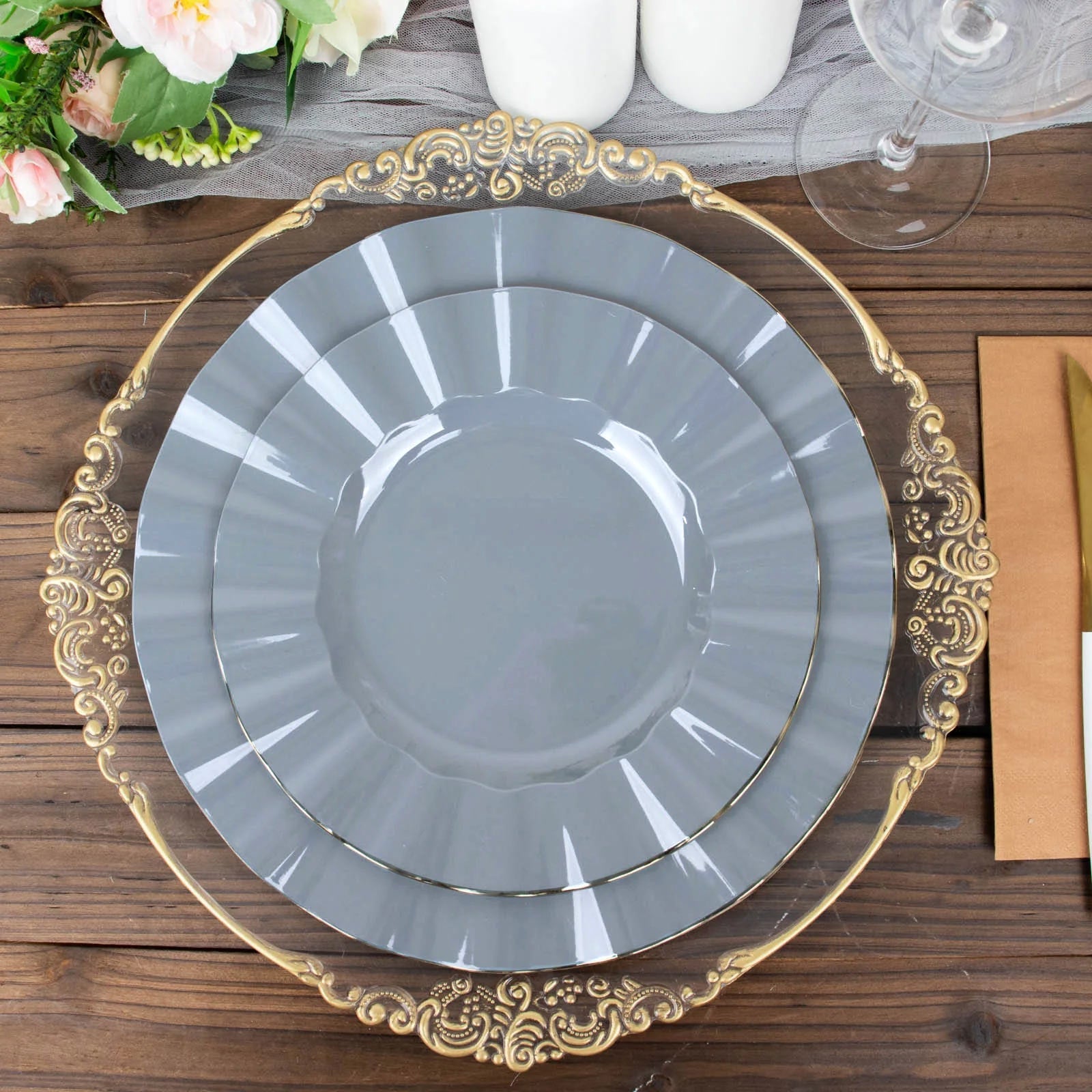 10-Pack Plastic 9" Round Dinner Plates in Dusty Blue Ruffled Rim with Gold Edging - Sturdy Disposable Dinnerware