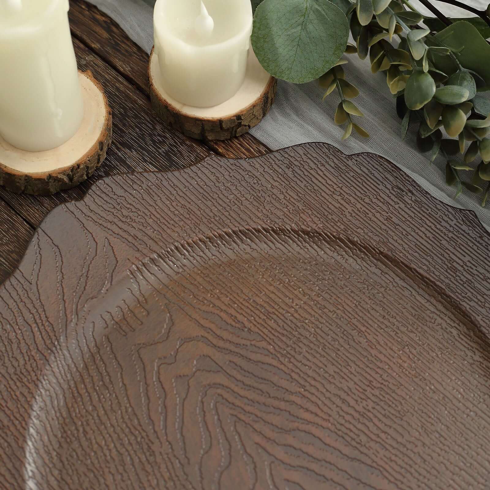 6-Pack Acrylic Round Charger Plates 13" in Rustic Brown with Wood Grain Scalloped Rim, Decorative Dinner Party Charger Tableware