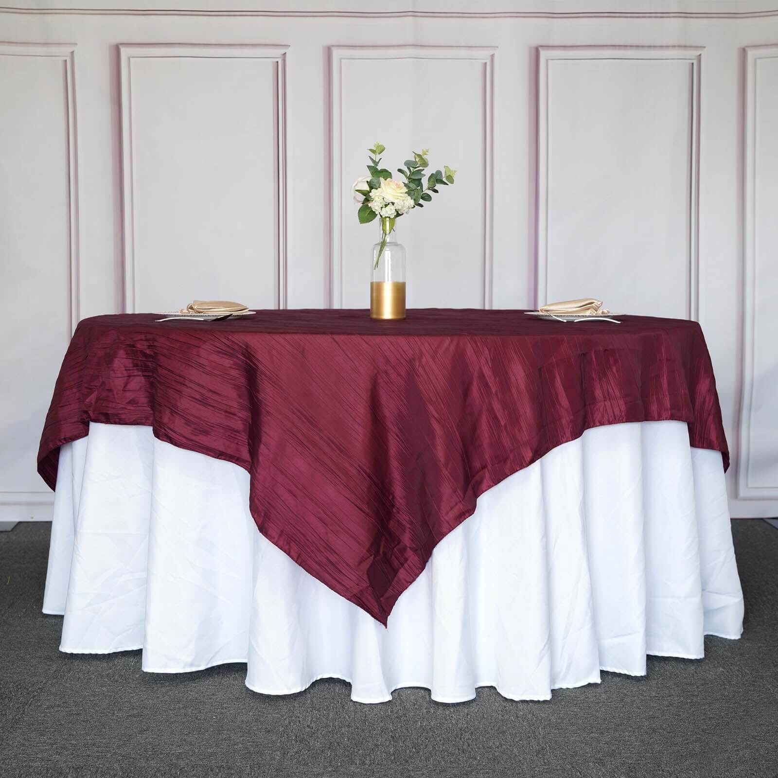 Taffeta 90"x90" Table Overlay Square Tablecloth Burgundy - Accordion Crinkle Table Cover